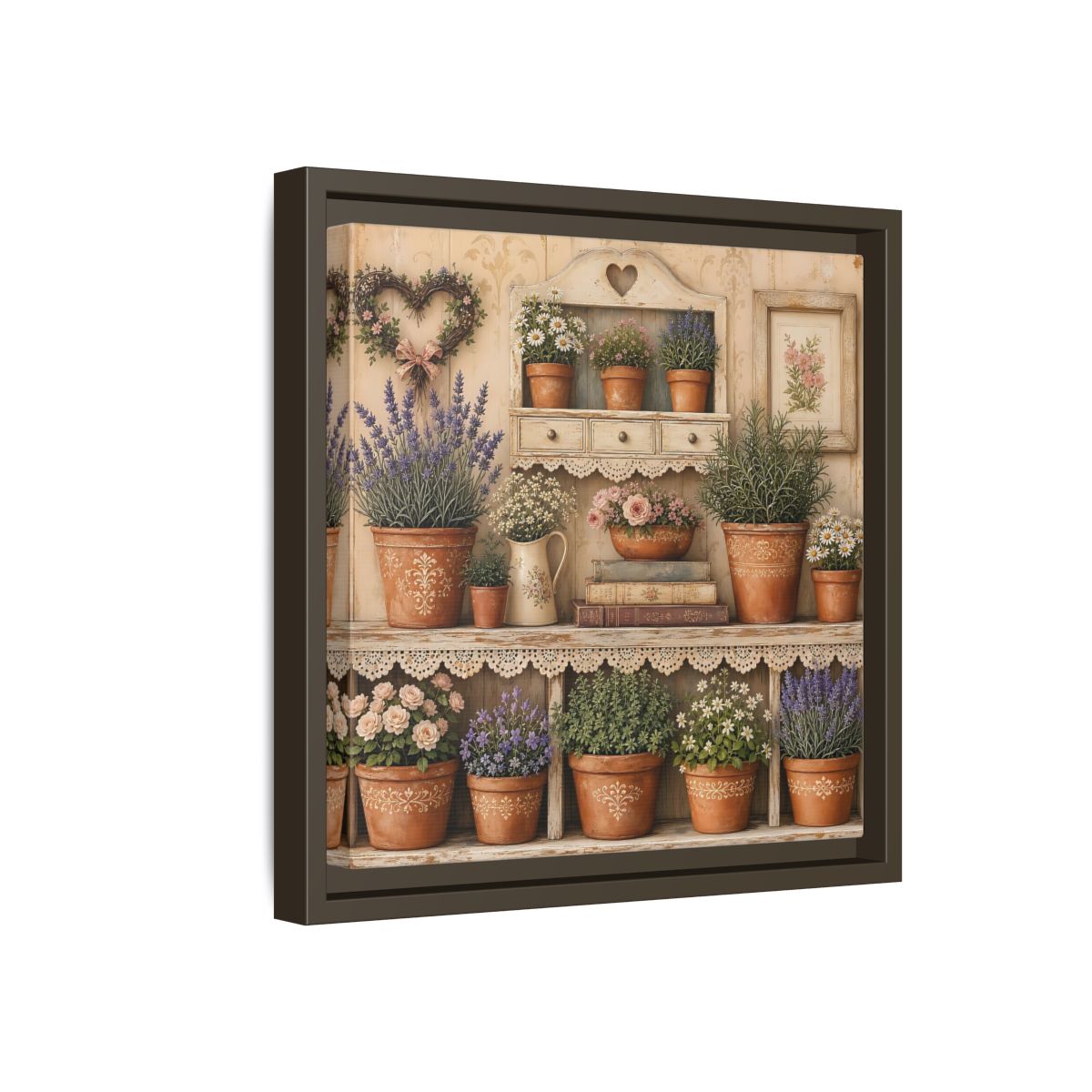 Side Mockup 17. Heavy Structured Texture Cottage Shelf With Small Terracotta Pots shown as stretched canvas wall art