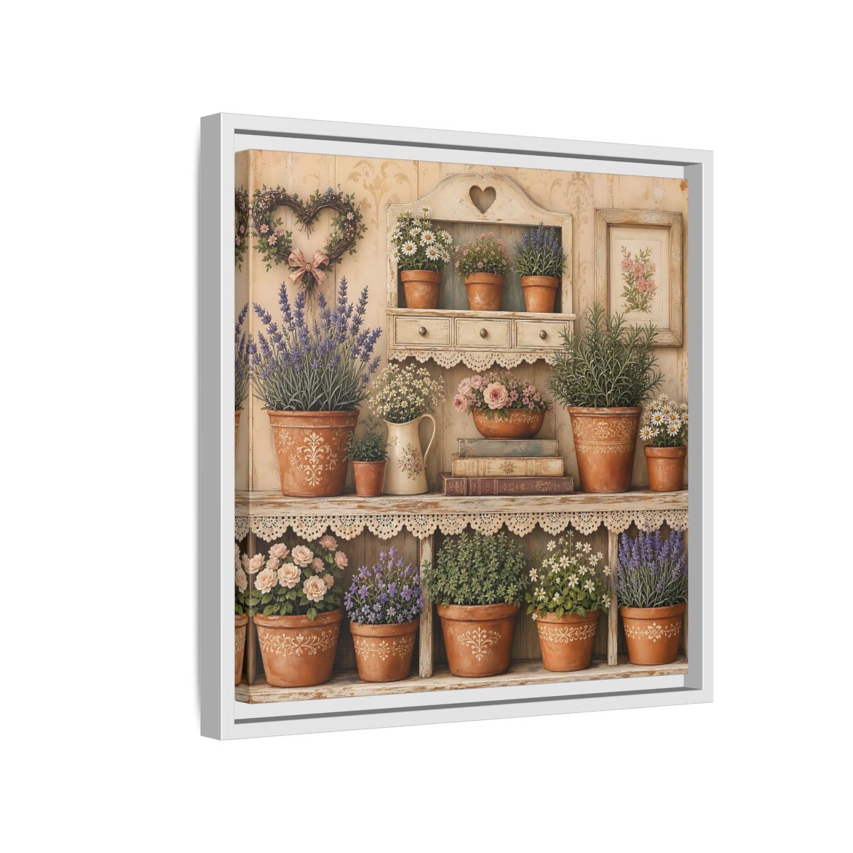 Side Mockup 13. Heavy Structured Texture Cottage Shelf With Small Terracotta Pots shown as stretched canvas wall art