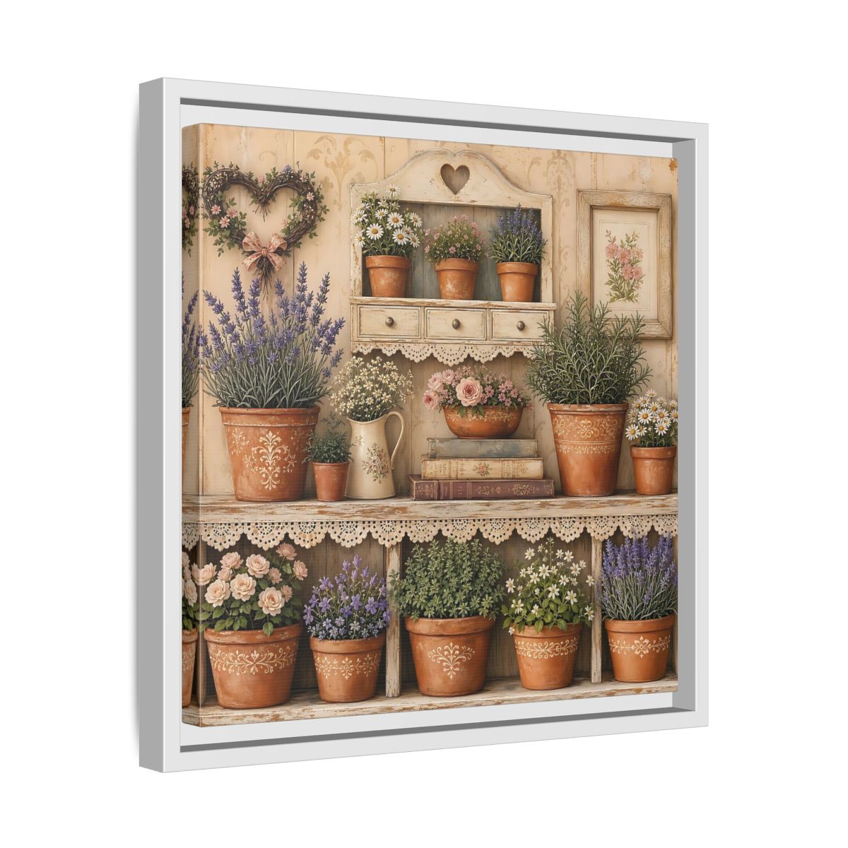 Side Mockup 28. Heavy Structured Texture Cottage Shelf With Small Terracotta Pots shown as stretched canvas wall art