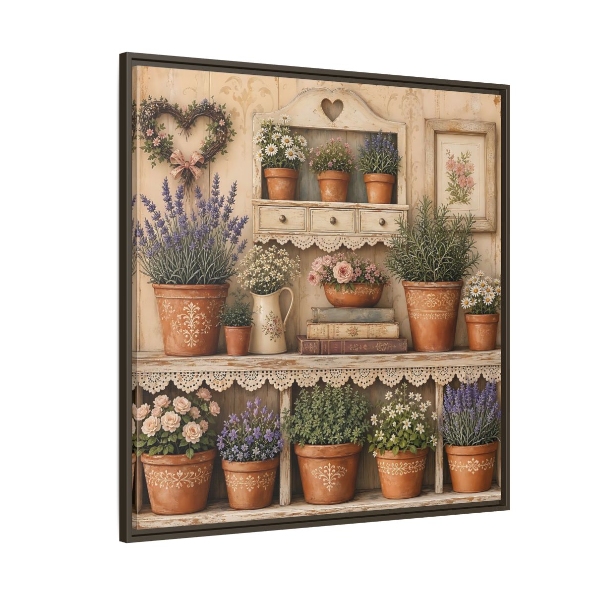 Side Mockup 5. Heavy Structured Texture Cottage Shelf With Small Terracotta Pots shown as stretched canvas wall art