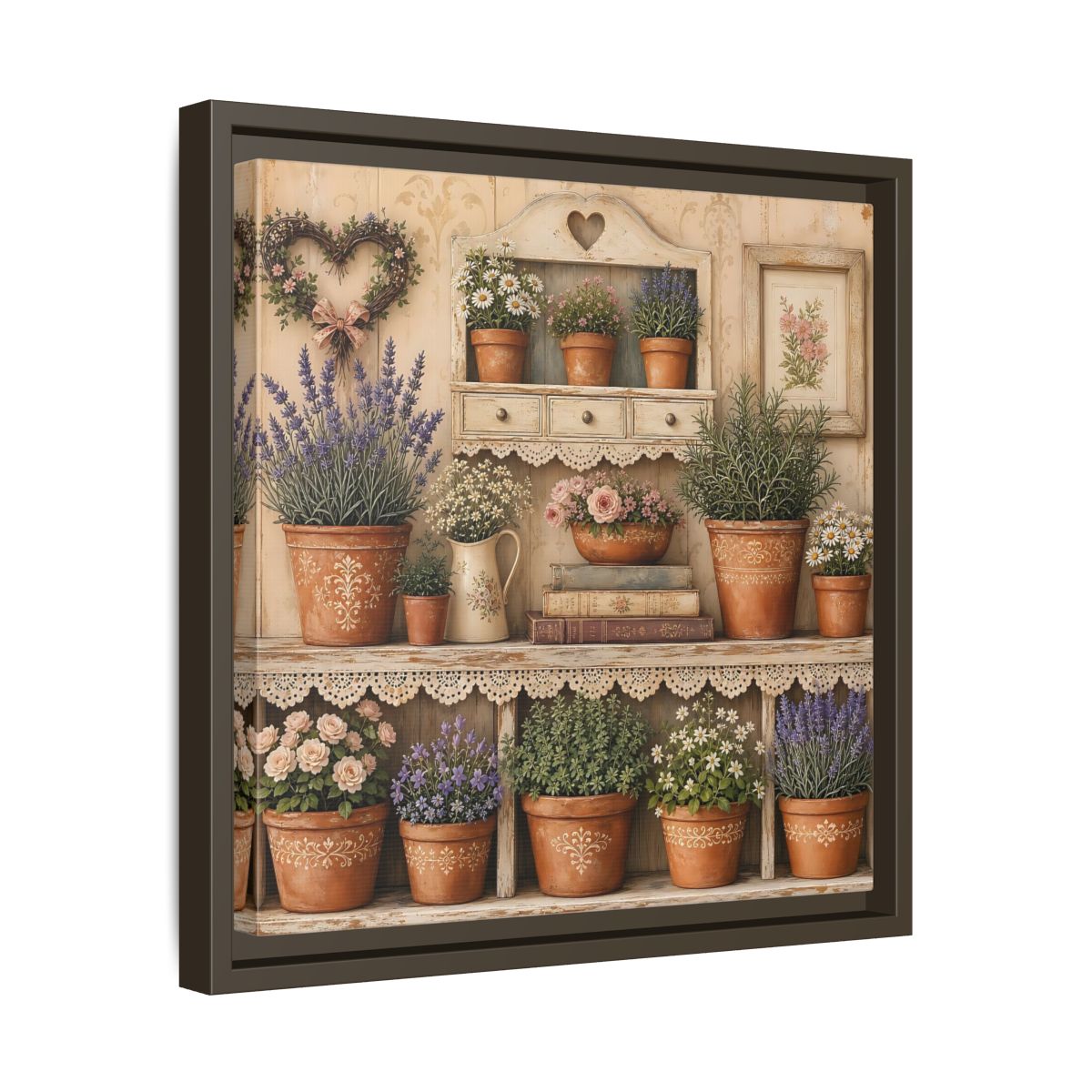 Side Mockup 29. Heavy Structured Texture Cottage Shelf With Small Terracotta Pots shown as stretched canvas wall art