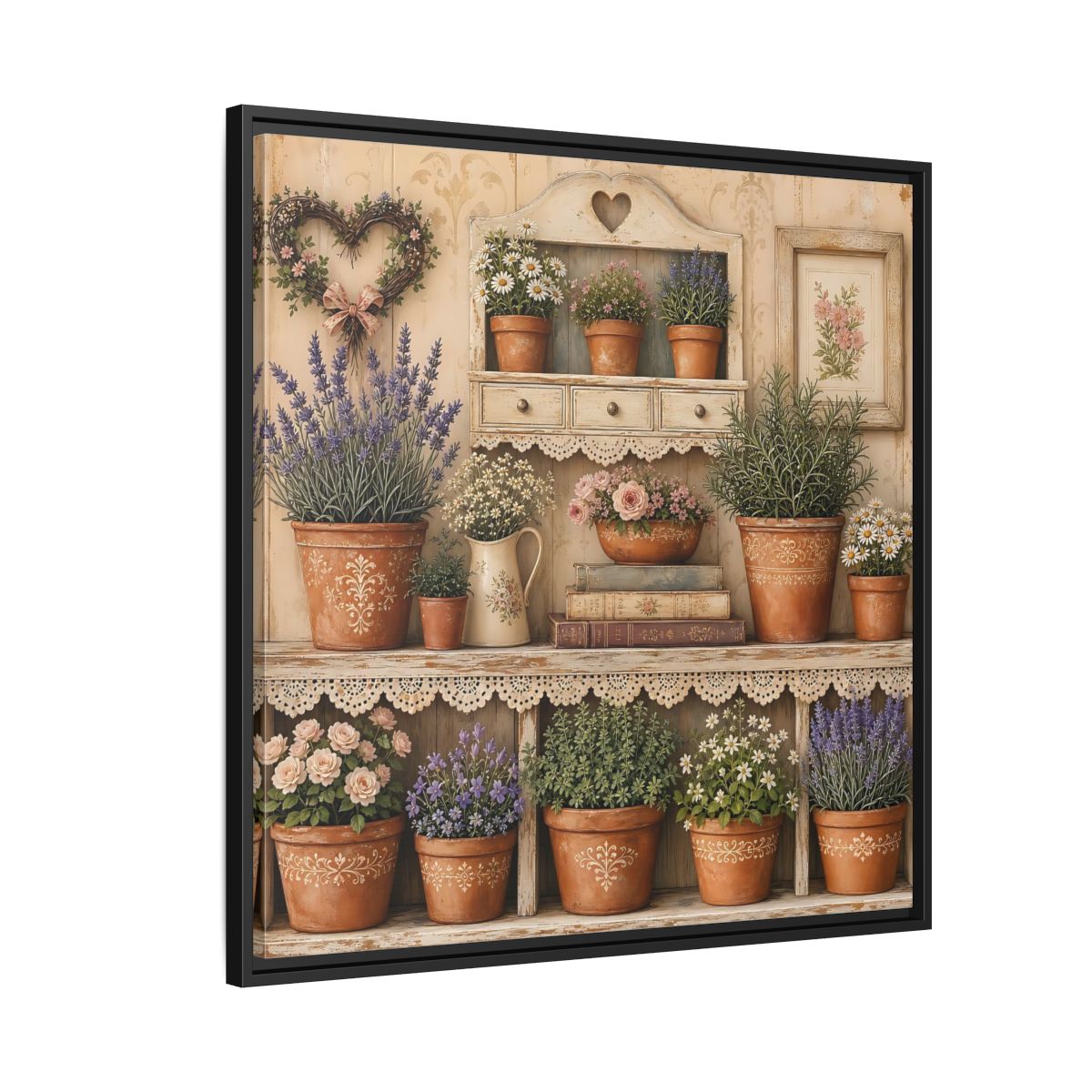 Side Mockup 9. Heavy Structured Texture Cottage Shelf With Small Terracotta Pots shown as stretched canvas wall art