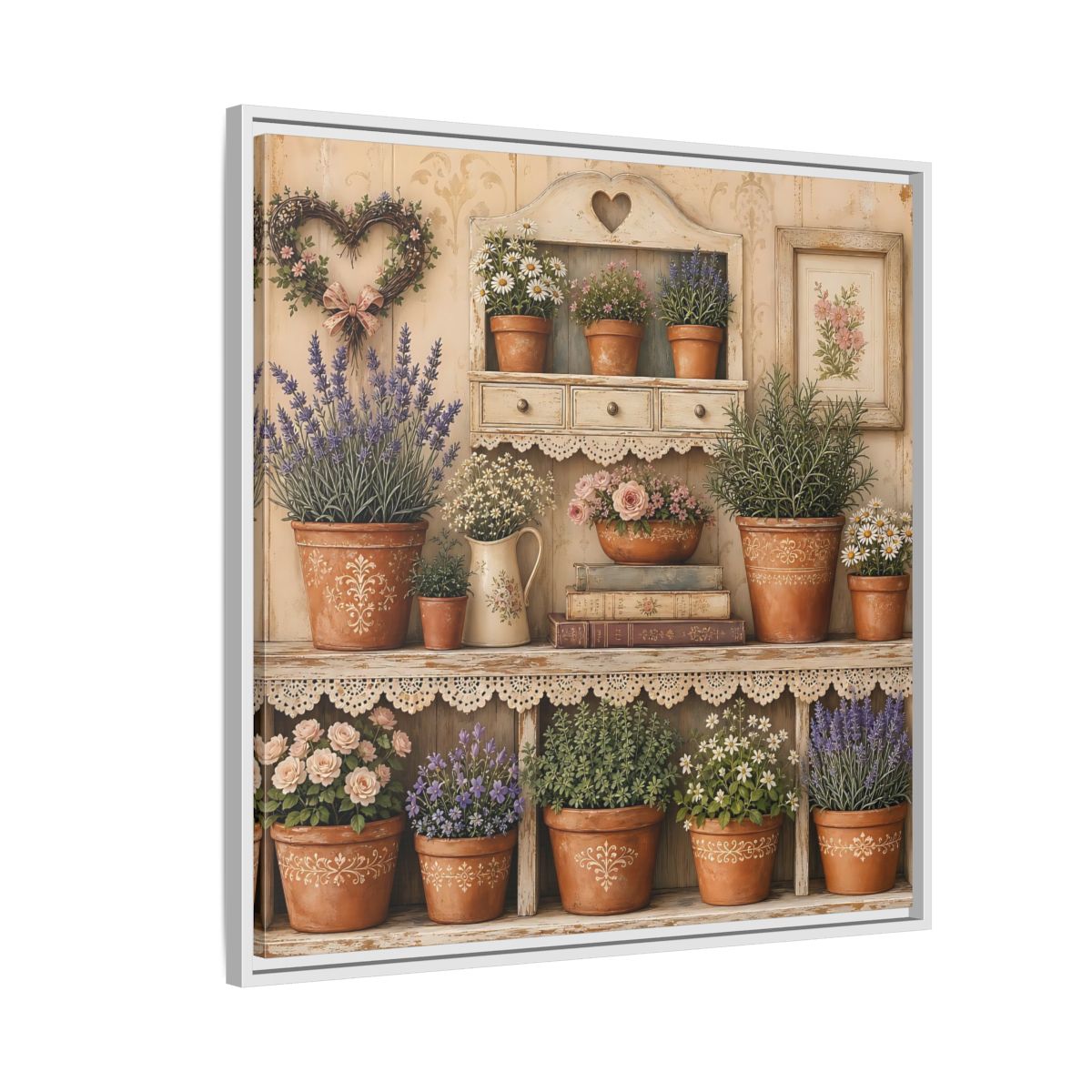 Side Mockup 7. Heavy Structured Texture Cottage Shelf With Small Terracotta Pots shown as stretched canvas wall art
