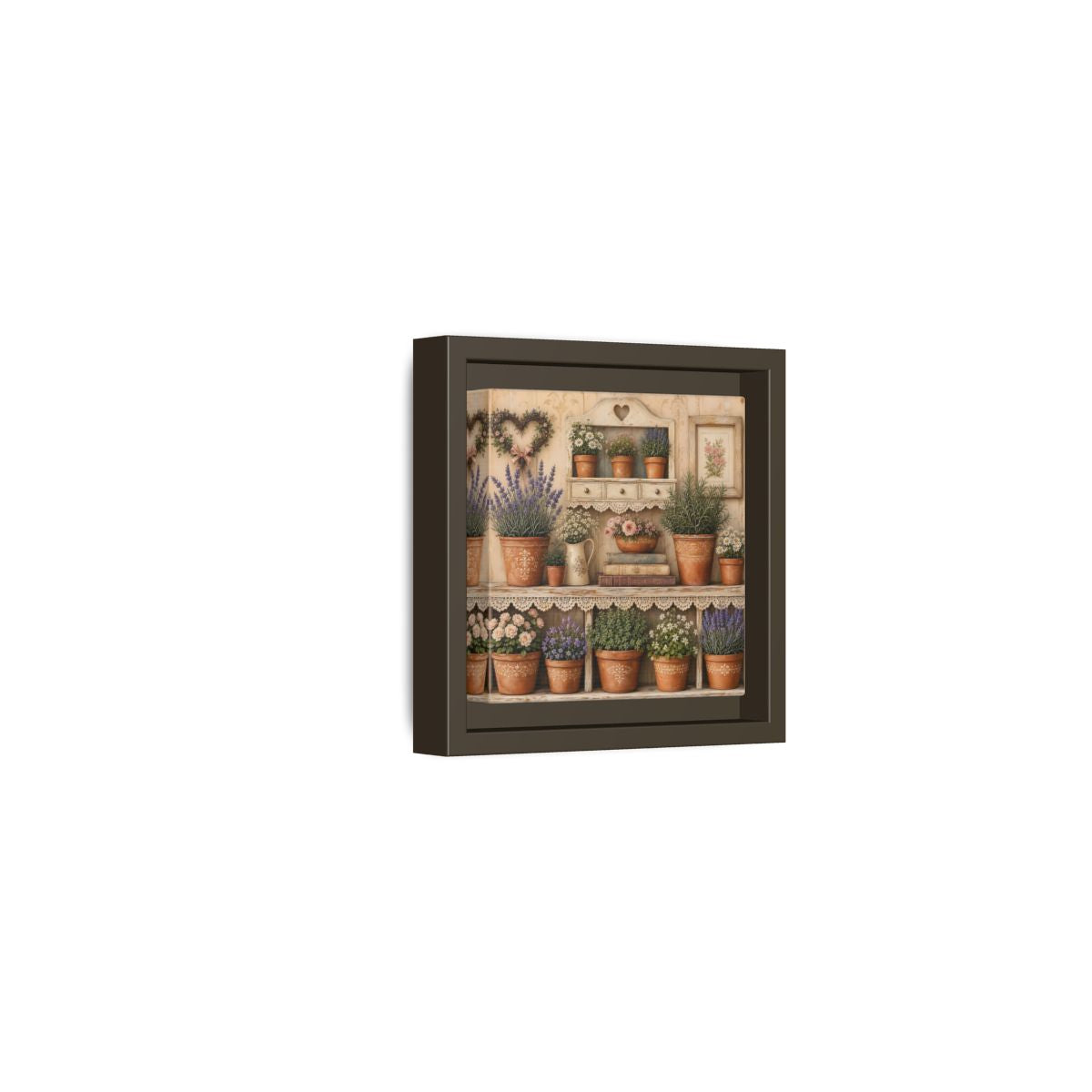 Side Mockup 23. Heavy Structured Texture Cottage Shelf With Small Terracotta Pots shown as stretched canvas wall art