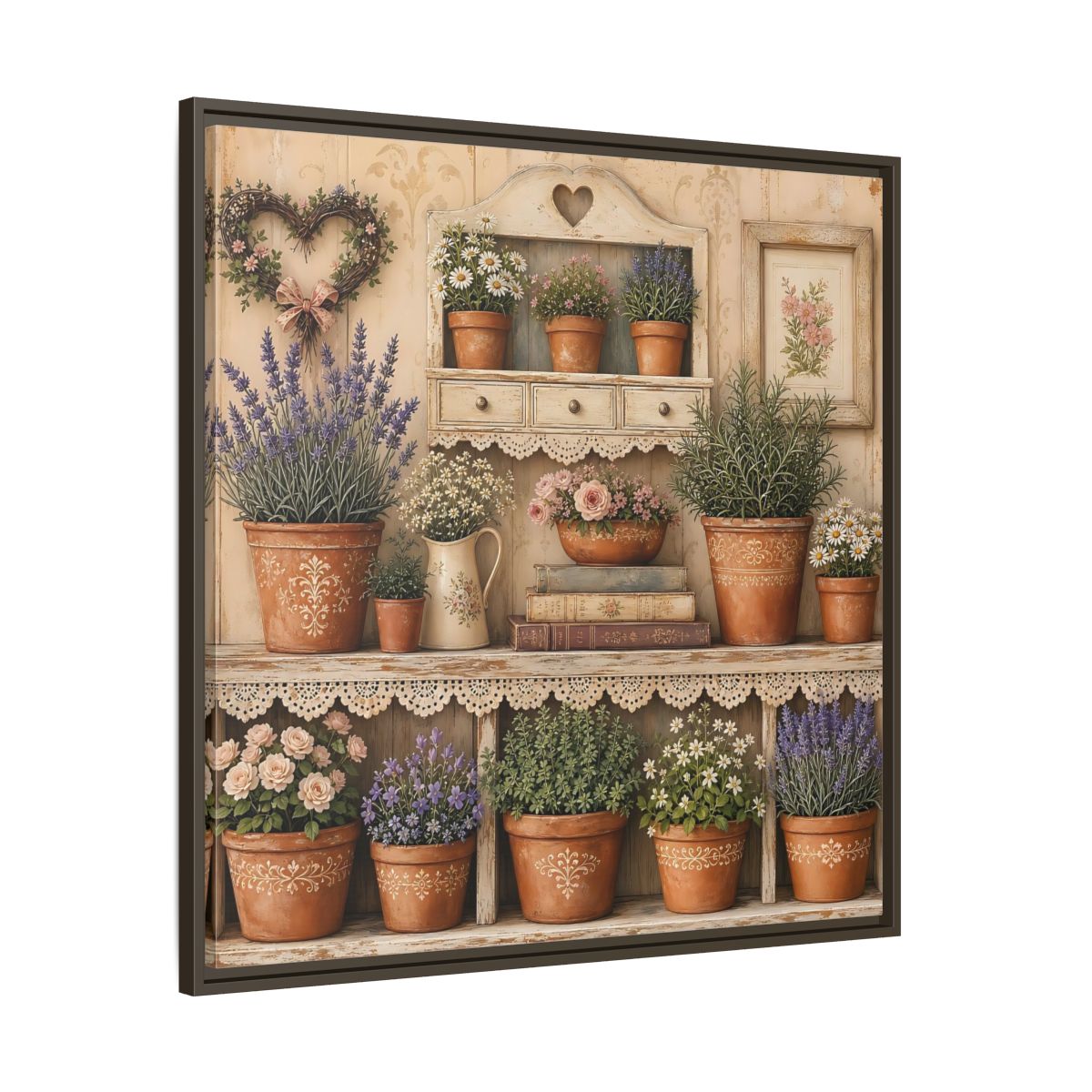 Main Mockup. Heavy Structured Texture Cottage Shelf With Small Terracotta Pots shown as stretched canvas wall art