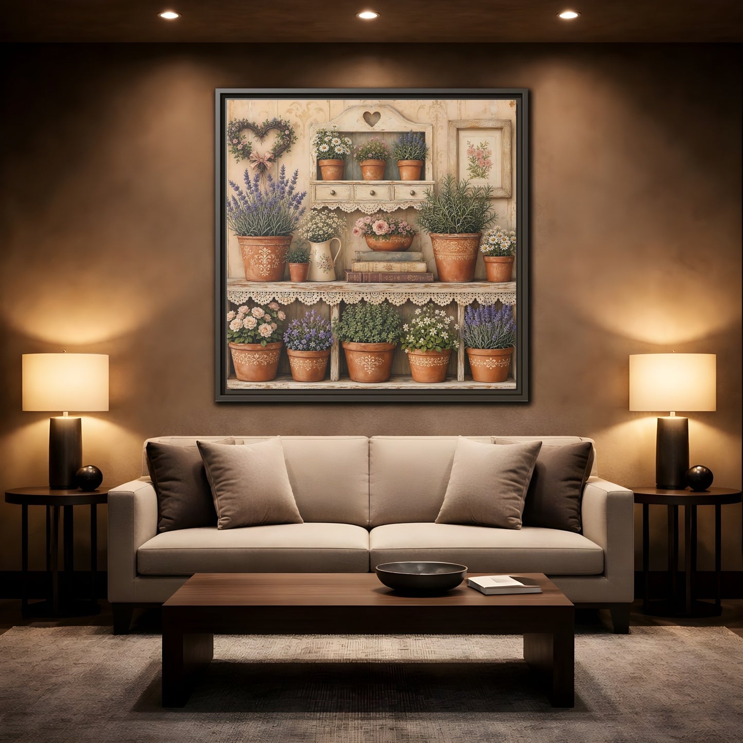 Mockup 2. Heavy Structured Texture Cottage Shelf With Small Terracotta Pots shown as stretched canvas wall art