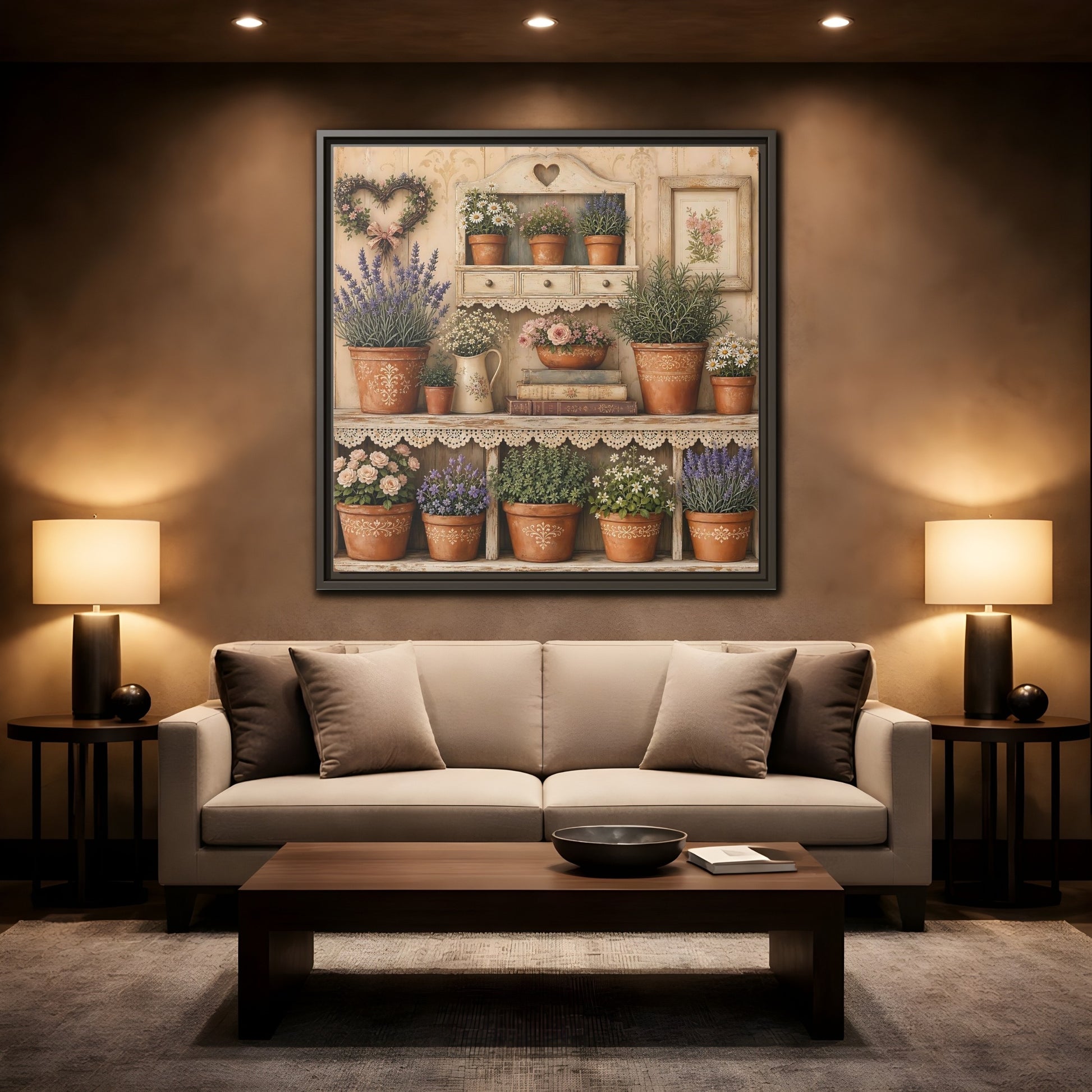 Mockup 2. Heavy Structured Texture Cottage Shelf With Small Terracotta Pots shown as stretched canvas wall art