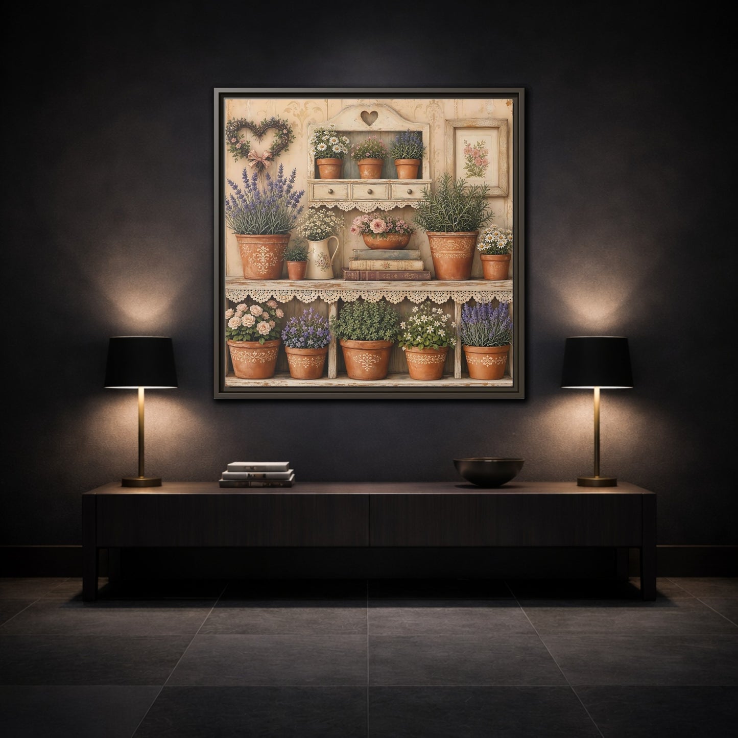 Mockup 3. Heavy Structured Texture Cottage Shelf With Small Terracotta Pots shown as stretched canvas wall art