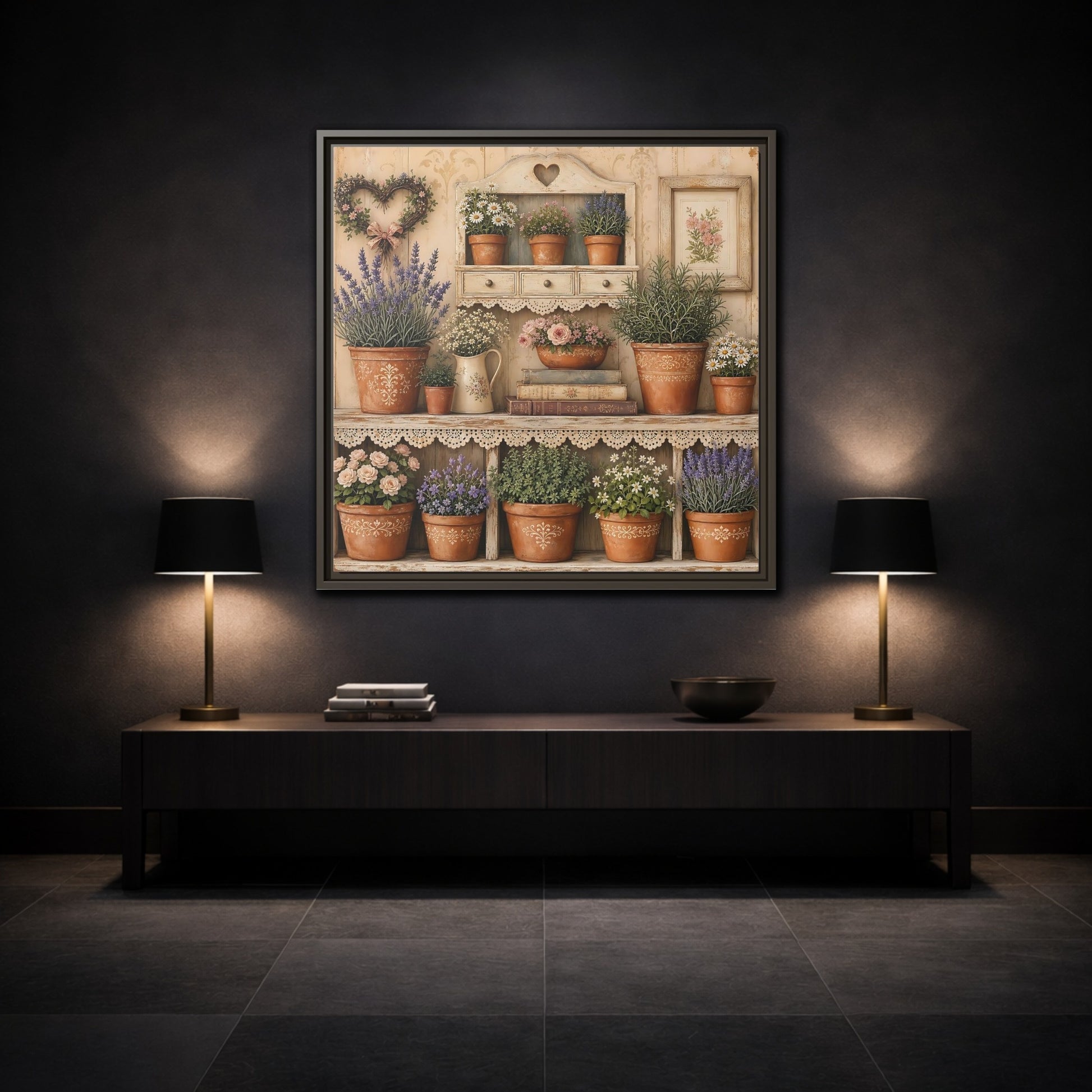 Mockup 3. Heavy Structured Texture Cottage Shelf With Small Terracotta Pots shown as stretched canvas wall art