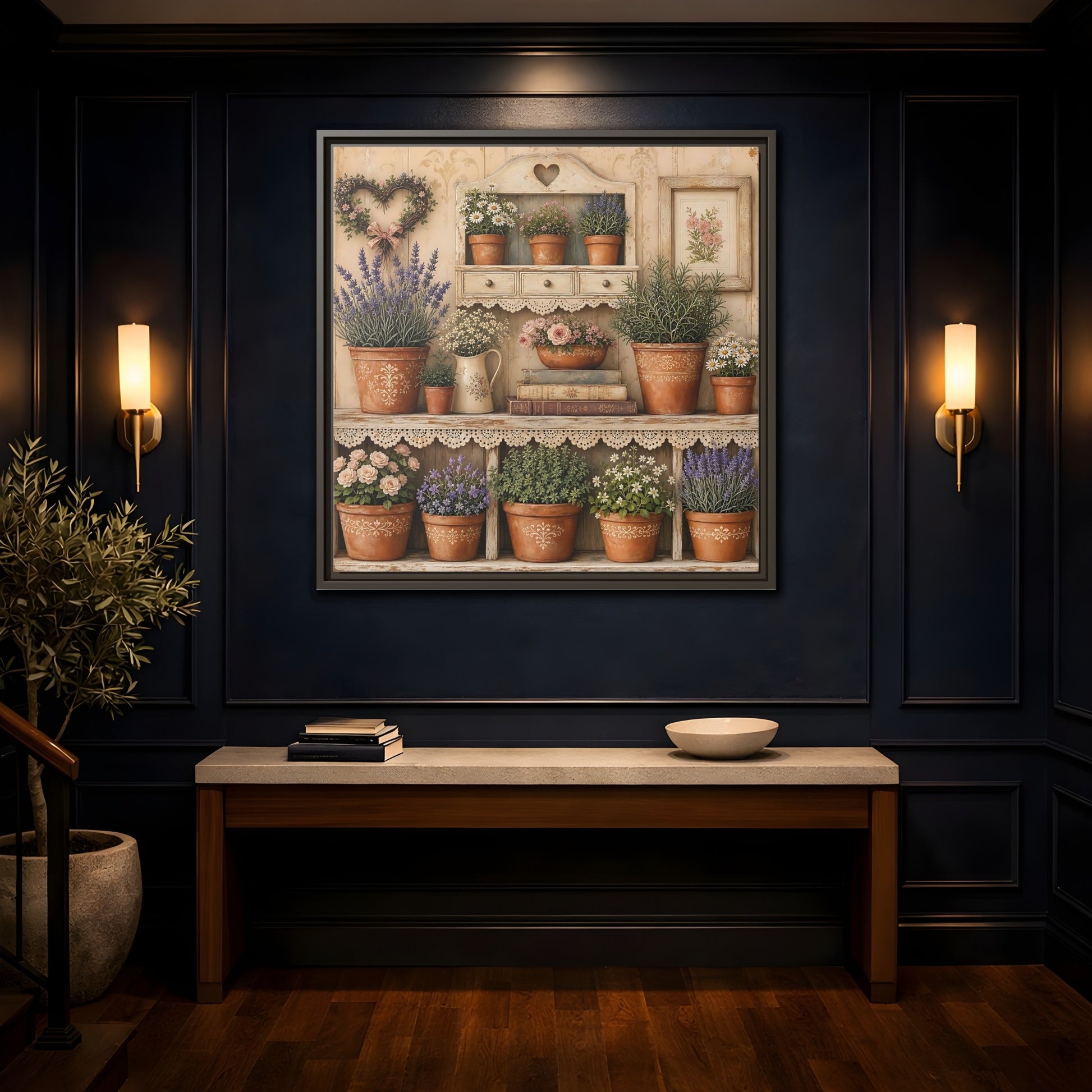 Mockup 4. Heavy Structured Texture Cottage Shelf With Small Terracotta Pots shown as stretched canvas wall art