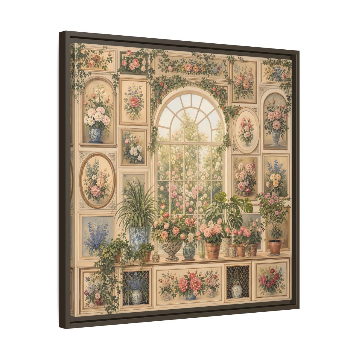 Side Mockup 27. Heavy Structured Texture Garden Window Filled With Plants shown as stretched canvas wall art