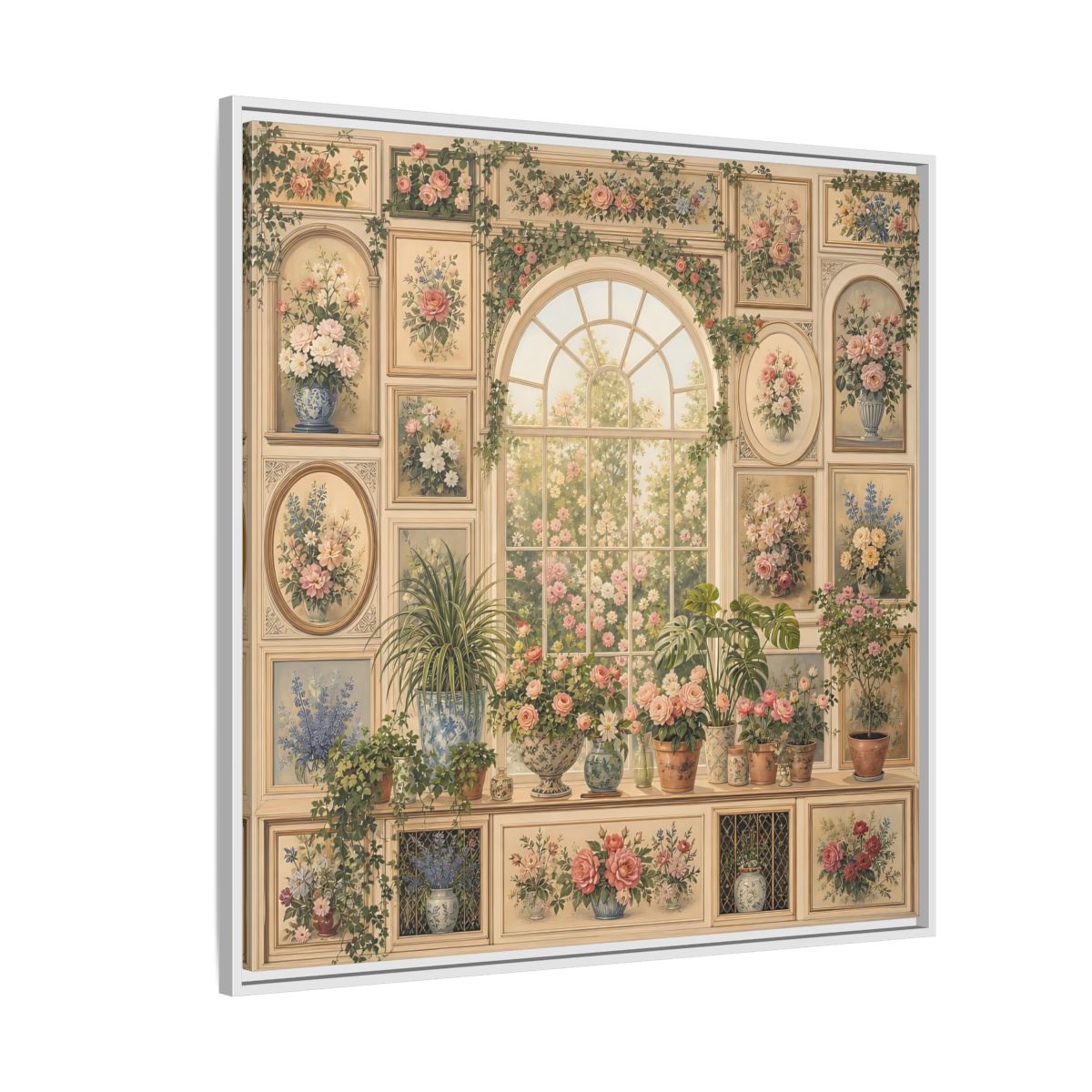 Side Mockup 4. Heavy Structured Texture Garden Window Filled With Plants shown as stretched canvas wall art