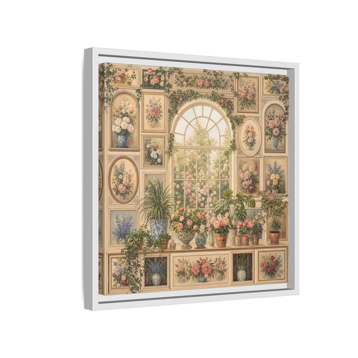 Side Mockup 13. Heavy Structured Texture Garden Window Filled With Plants shown as stretched canvas wall art