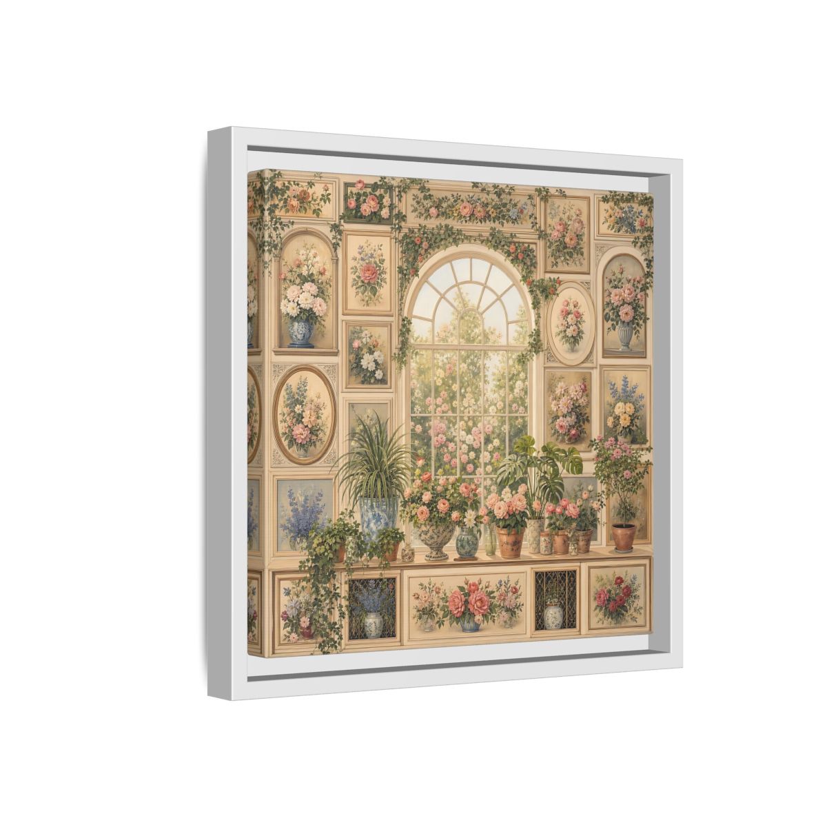 Side Mockup 16. Heavy Structured Texture Garden Window Filled With Plants shown as stretched canvas wall art