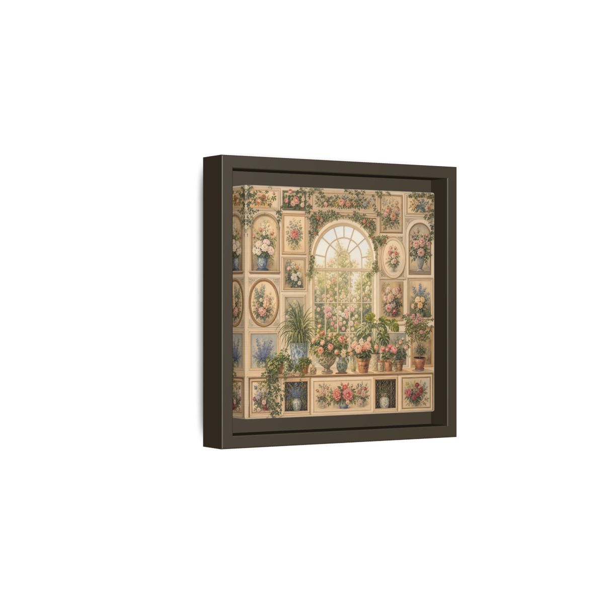 Side Mockup 2. Heavy Structured Texture Garden Window Filled With Plants shown as stretched canvas wall art