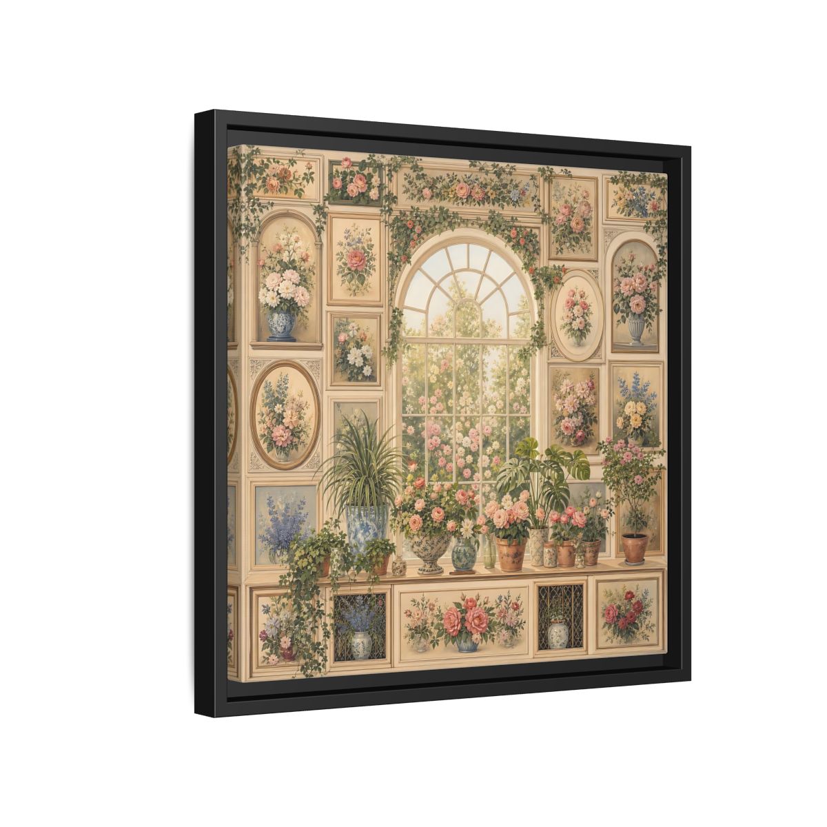 Side Mockup 15. Heavy Structured Texture Garden Window Filled With Plants shown as stretched canvas wall art