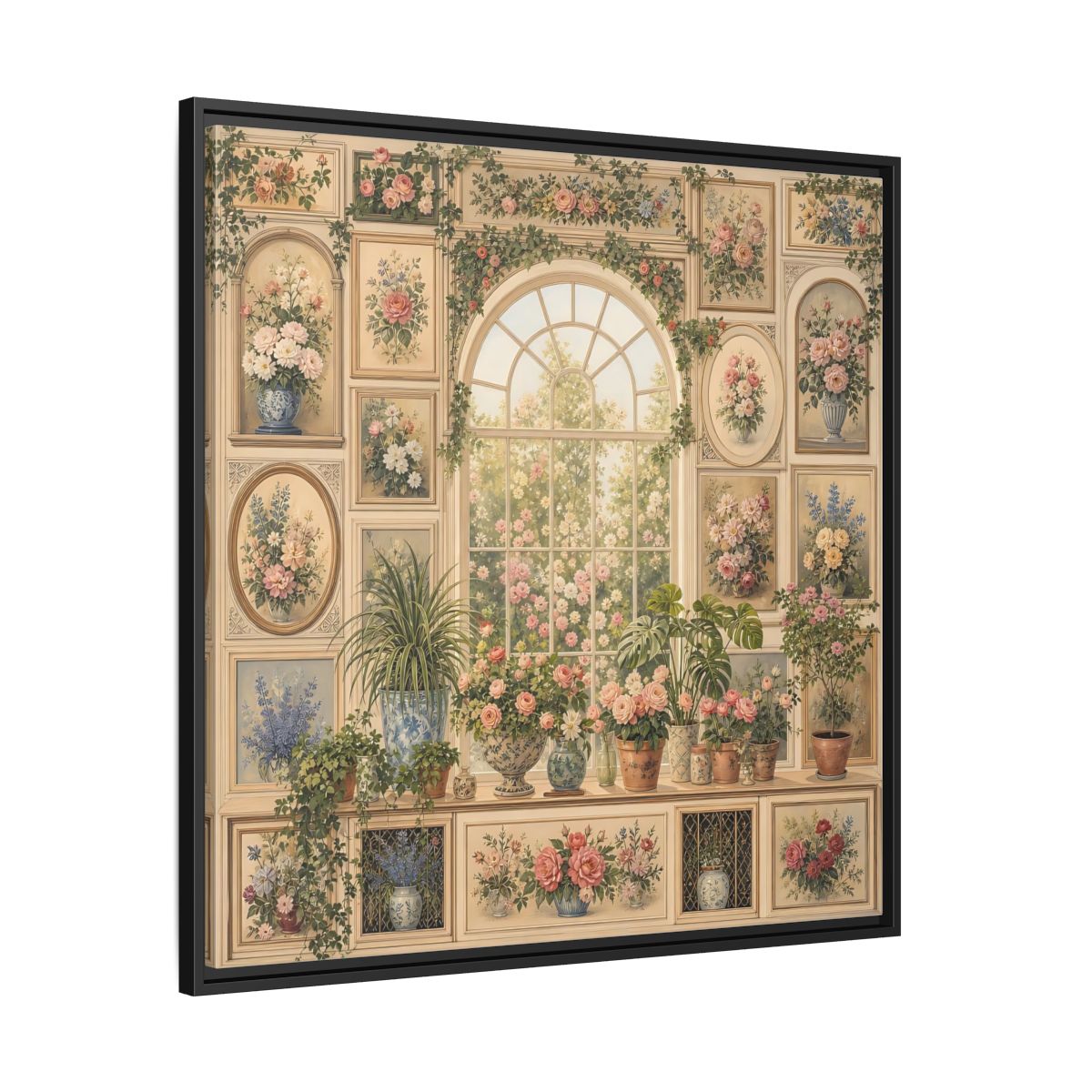 Side Mockup 30. Heavy Structured Texture Garden Window Filled With Plants shown as stretched canvas wall art