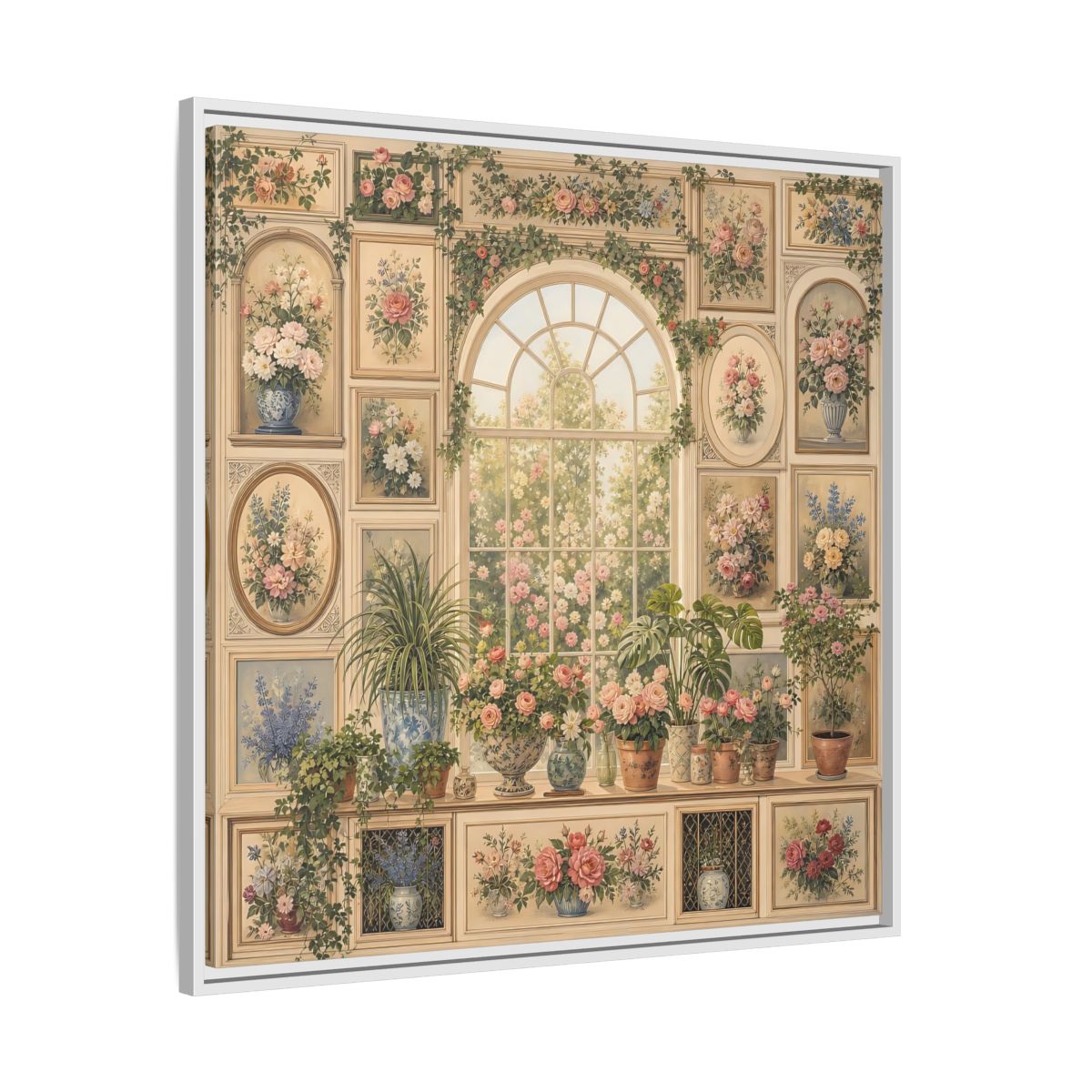 Side Mockup 25. Heavy Structured Texture Garden Window Filled With Plants shown as stretched canvas wall art