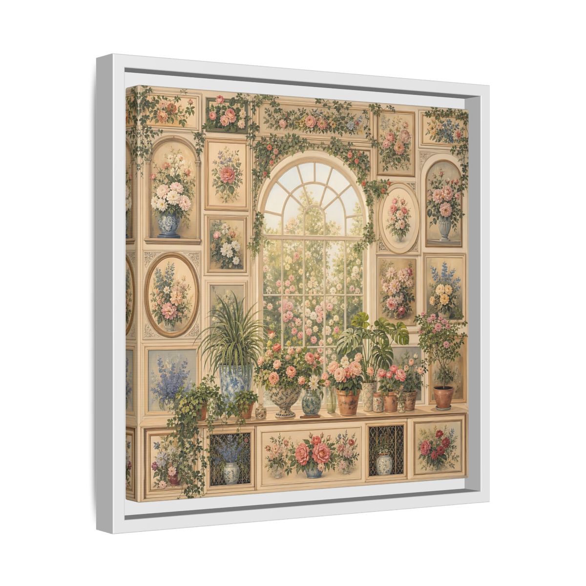 Side Mockup 28. Heavy Structured Texture Garden Window Filled With Plants shown as stretched canvas wall art