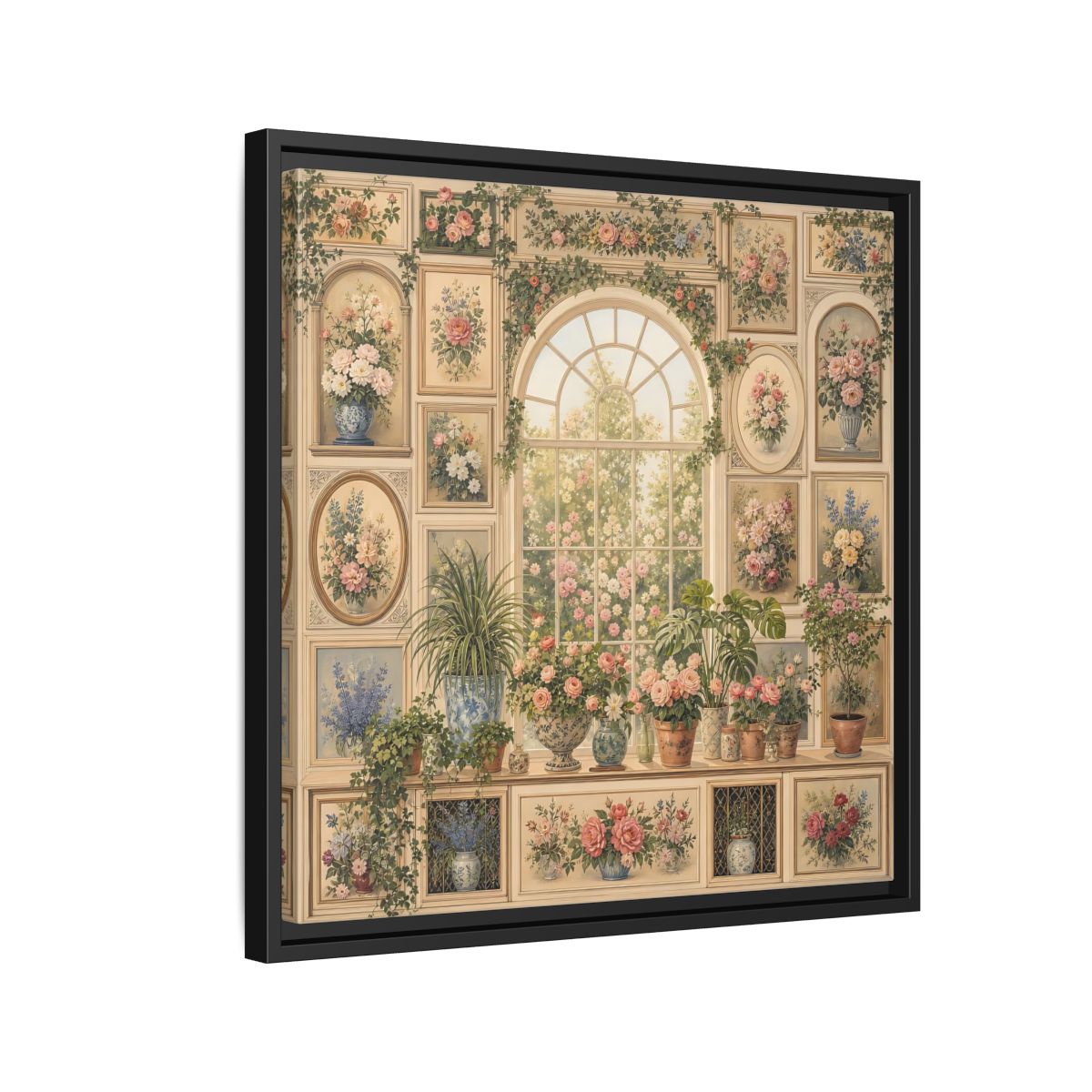 Side Mockup 12. Heavy Structured Texture Garden Window Filled With Plants shown as stretched canvas wall art