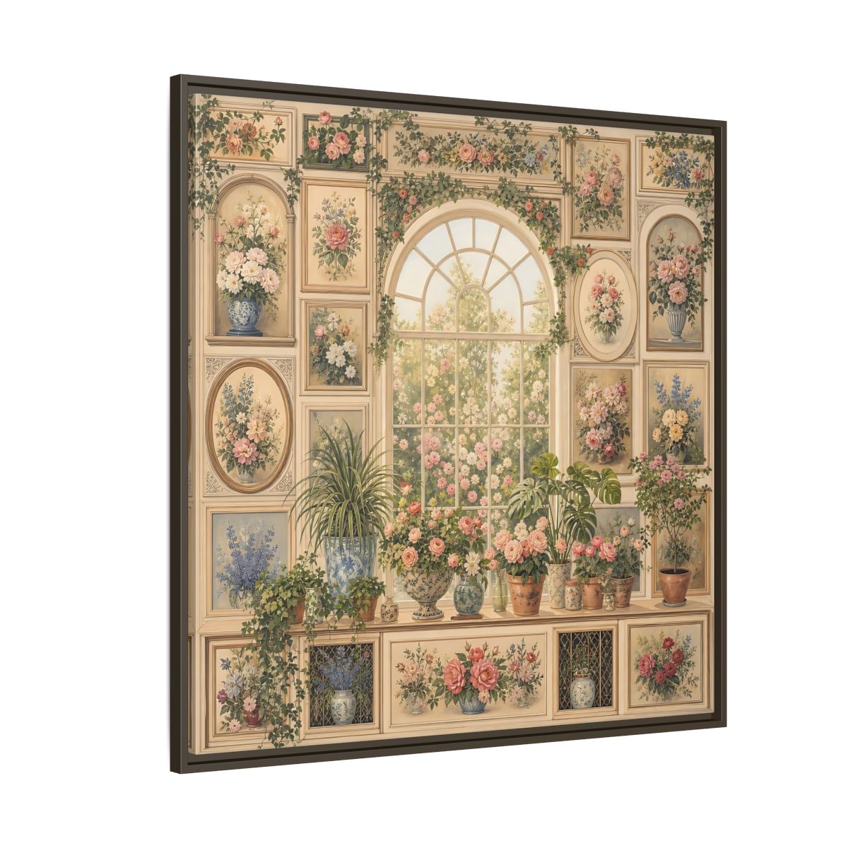 Side Mockup 5. Heavy Structured Texture Garden Window Filled With Plants shown as stretched canvas wall art