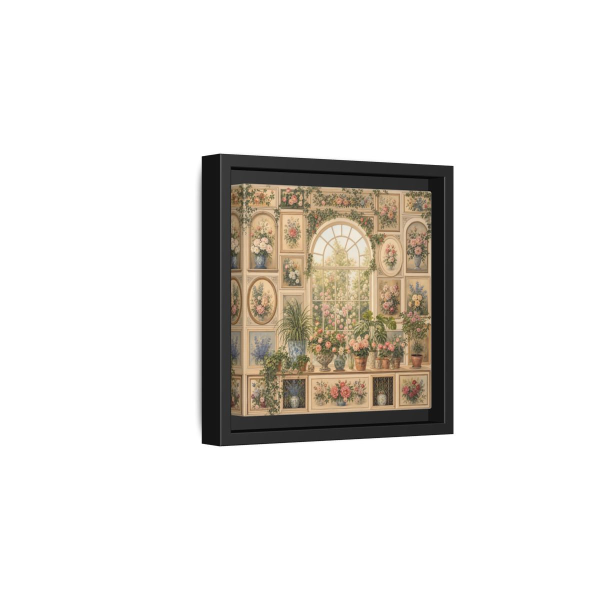 Side Mockup 3. Heavy Structured Texture Garden Window Filled With Plants shown as stretched canvas wall art