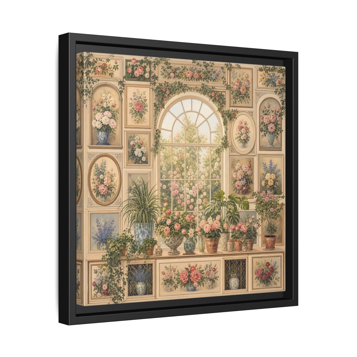 Side Mockup 32. Heavy Structured Texture Garden Window Filled With Plants shown as stretched canvas wall art