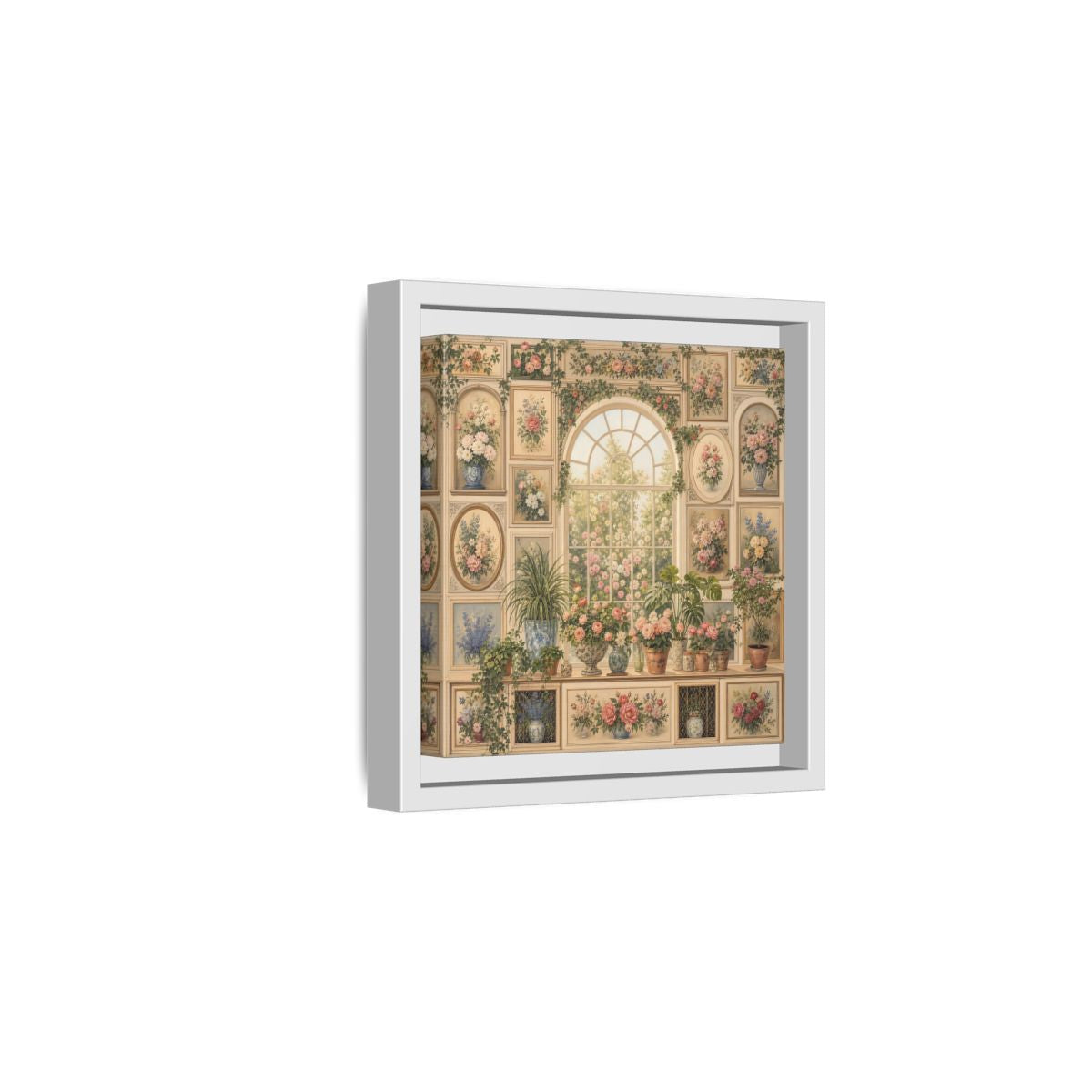 Side Mockup 1. Heavy Structured Texture Garden Window Filled With Plants shown as stretched canvas wall art
