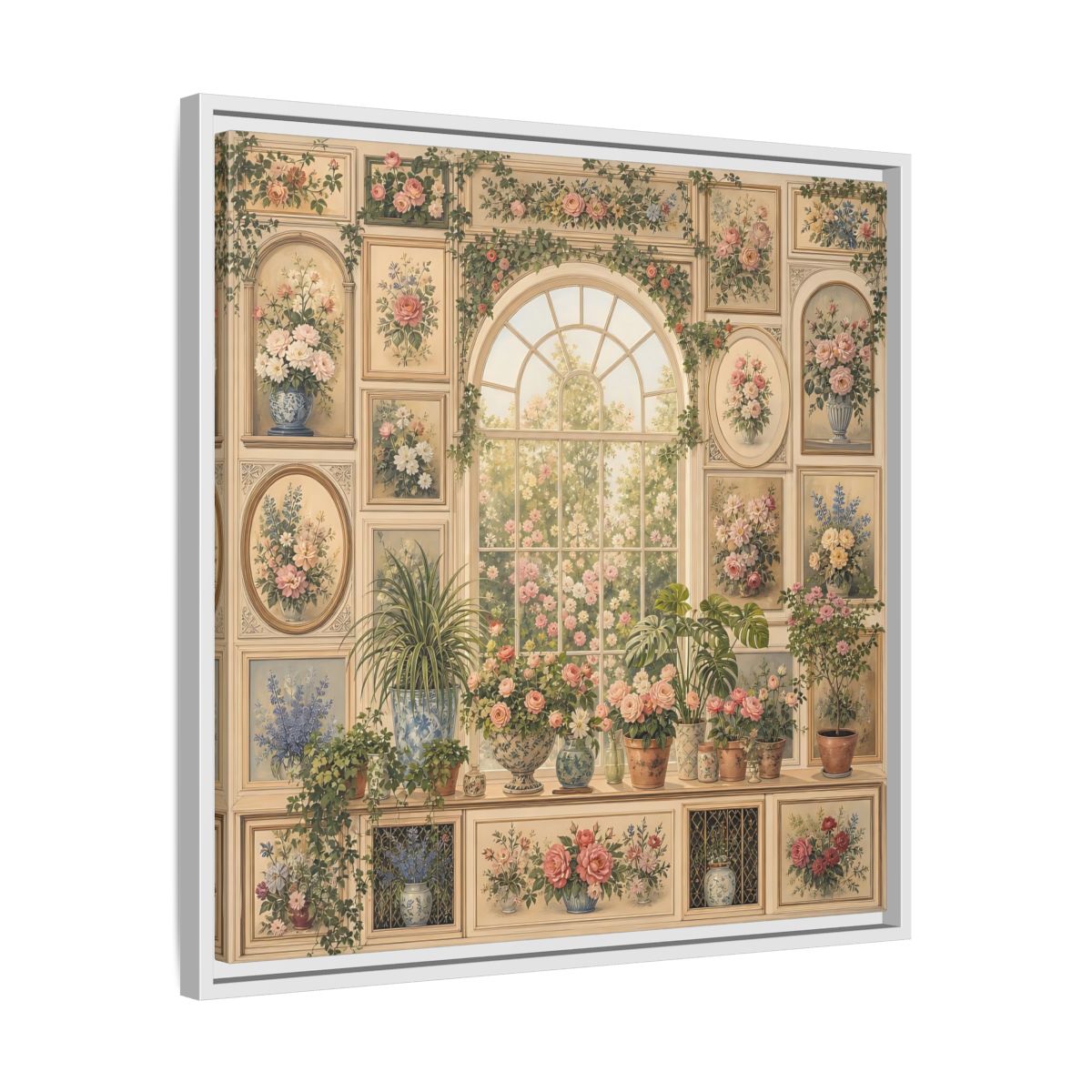 Side Mockup 26. Heavy Structured Texture Garden Window Filled With Plants shown as stretched canvas wall art