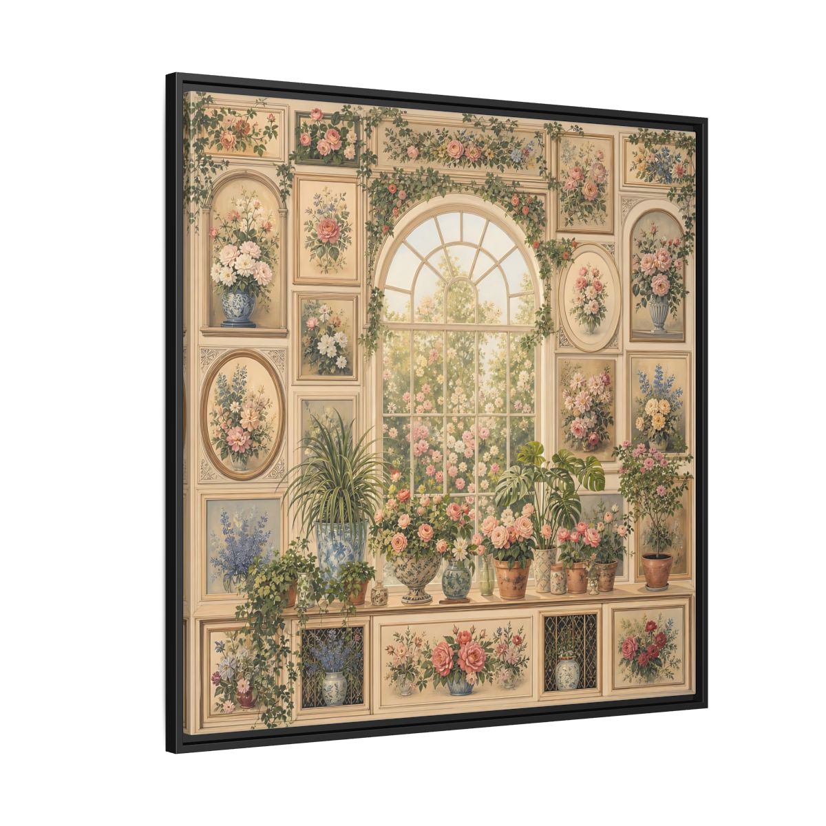 Side Mockup 6. Heavy Structured Texture Garden Window Filled With Plants shown as stretched canvas wall art