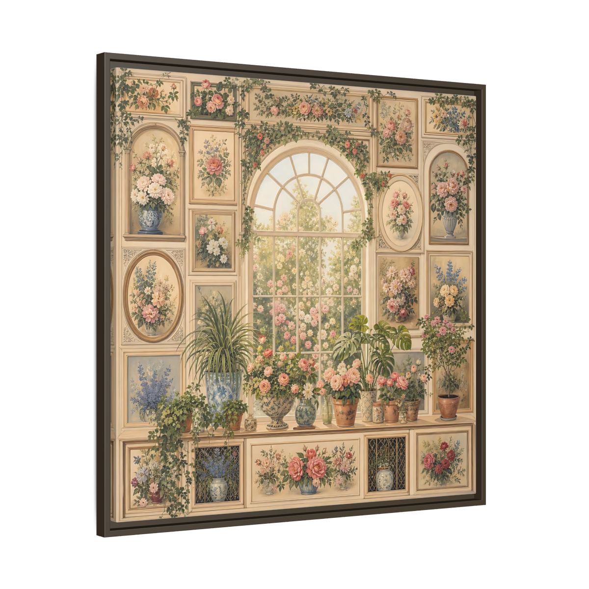 Main Mockup. Heavy Structured Texture Garden Window Filled With Plants shown as stretched canvas wall art