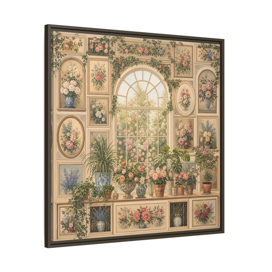Main Mockup. Heavy Structured Texture Garden Window Filled With Plants shown as stretched canvas wall art
