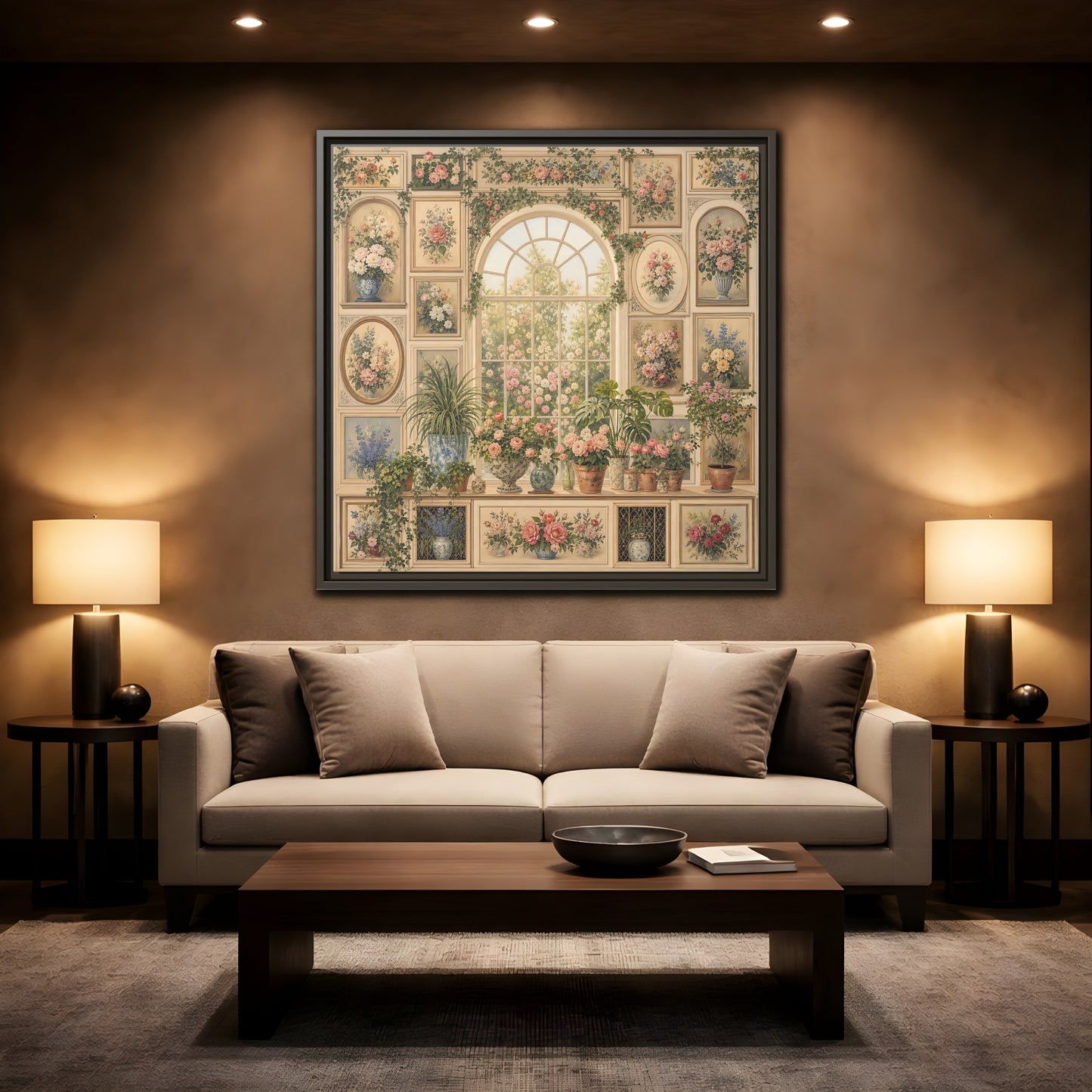 Mockup 2. Heavy Structured Texture Garden Window Filled With Plants shown as stretched canvas wall art