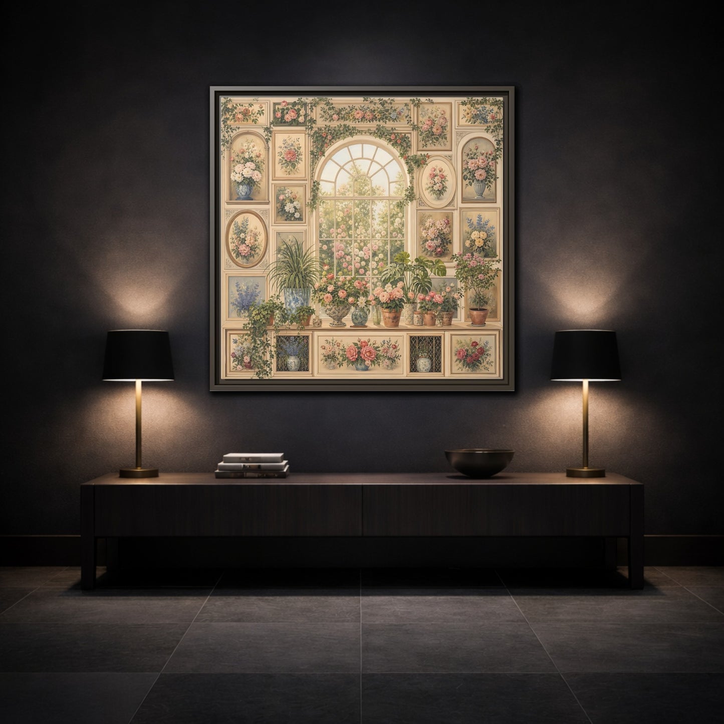 Mockup 3. Heavy Structured Texture Garden Window Filled With Plants shown as stretched canvas wall art