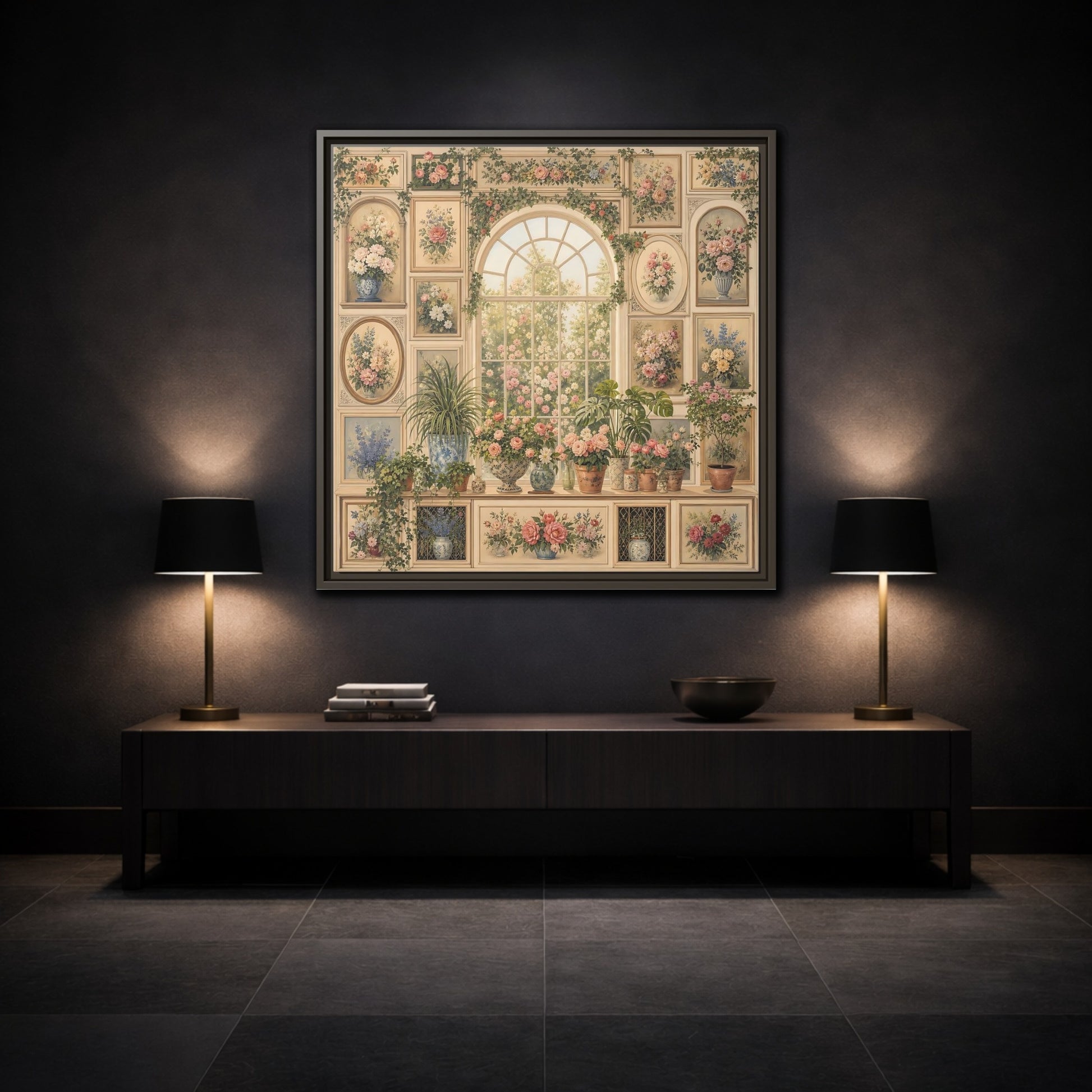 Mockup 3. Heavy Structured Texture Garden Window Filled With Plants shown as stretched canvas wall art