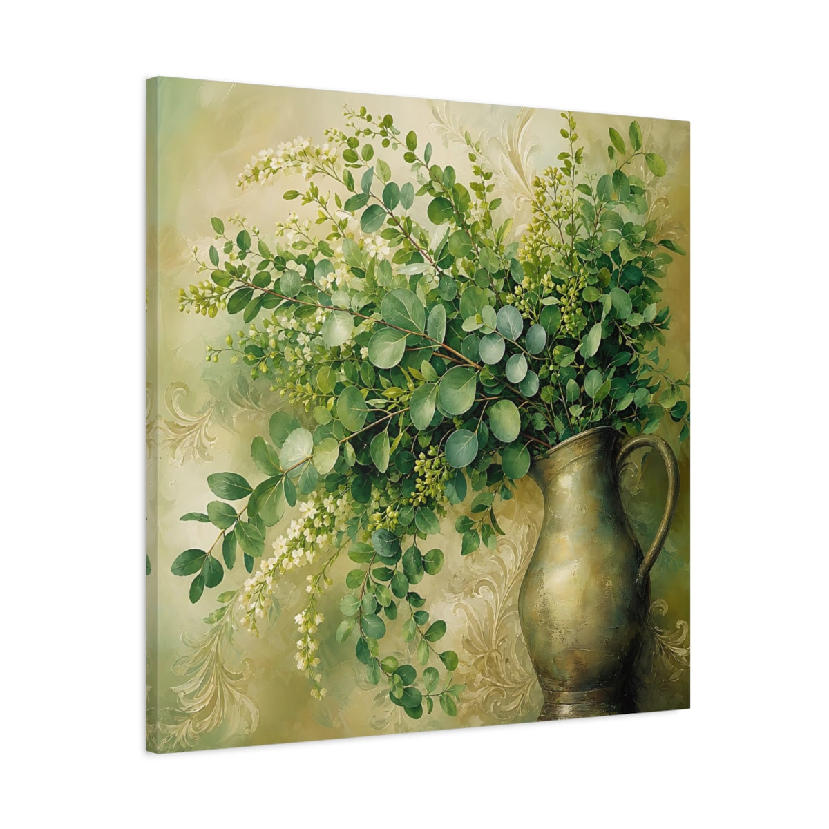Side Mockup 3. Heavy Structured Texture Green Foliage In Rustic Pitcher shown as stretched canvas wall art