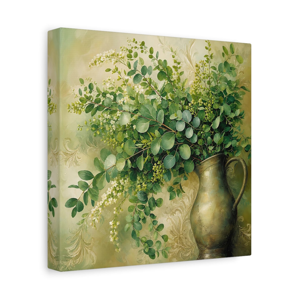 Side Mockup 9. Heavy Structured Texture Green Foliage In Rustic Pitcher shown as stretched canvas wall art