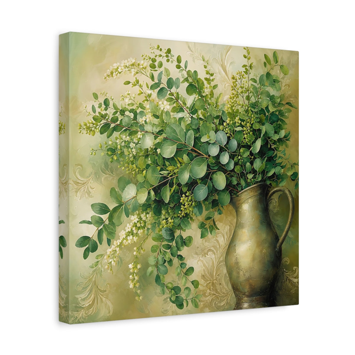 Side Mockup 7. Heavy Structured Texture Green Foliage In Rustic Pitcher shown as stretched canvas wall art