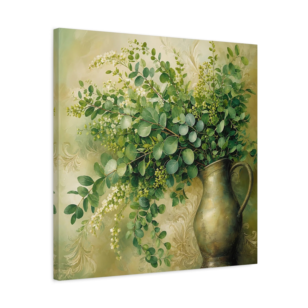 Side Mockup 4. Heavy Structured Texture Green Foliage In Rustic Pitcher shown as stretched canvas wall art