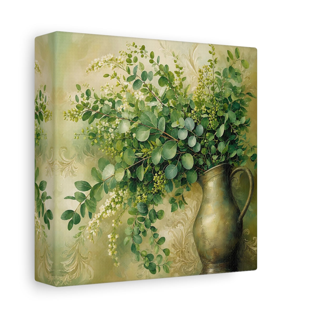 Side Mockup 2. Heavy Structured Texture Green Foliage In Rustic Pitcher shown as stretched canvas wall art