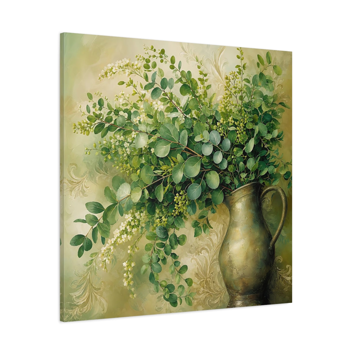 Side Mockup 1. Heavy Structured Texture Green Foliage In Rustic Pitcher shown as stretched canvas wall art