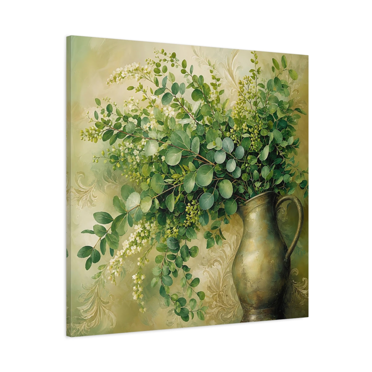Main Mockup. Heavy Structured Texture Green Foliage In Rustic Pitcher shown as stretched canvas wall art