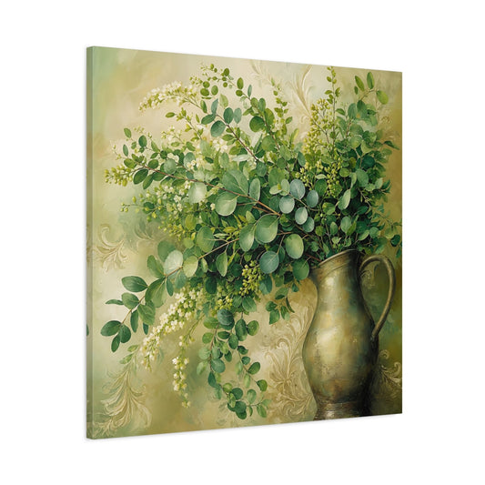 Main Mockup. Heavy Structured Texture Green Foliage In Rustic Pitcher shown as stretched canvas wall art