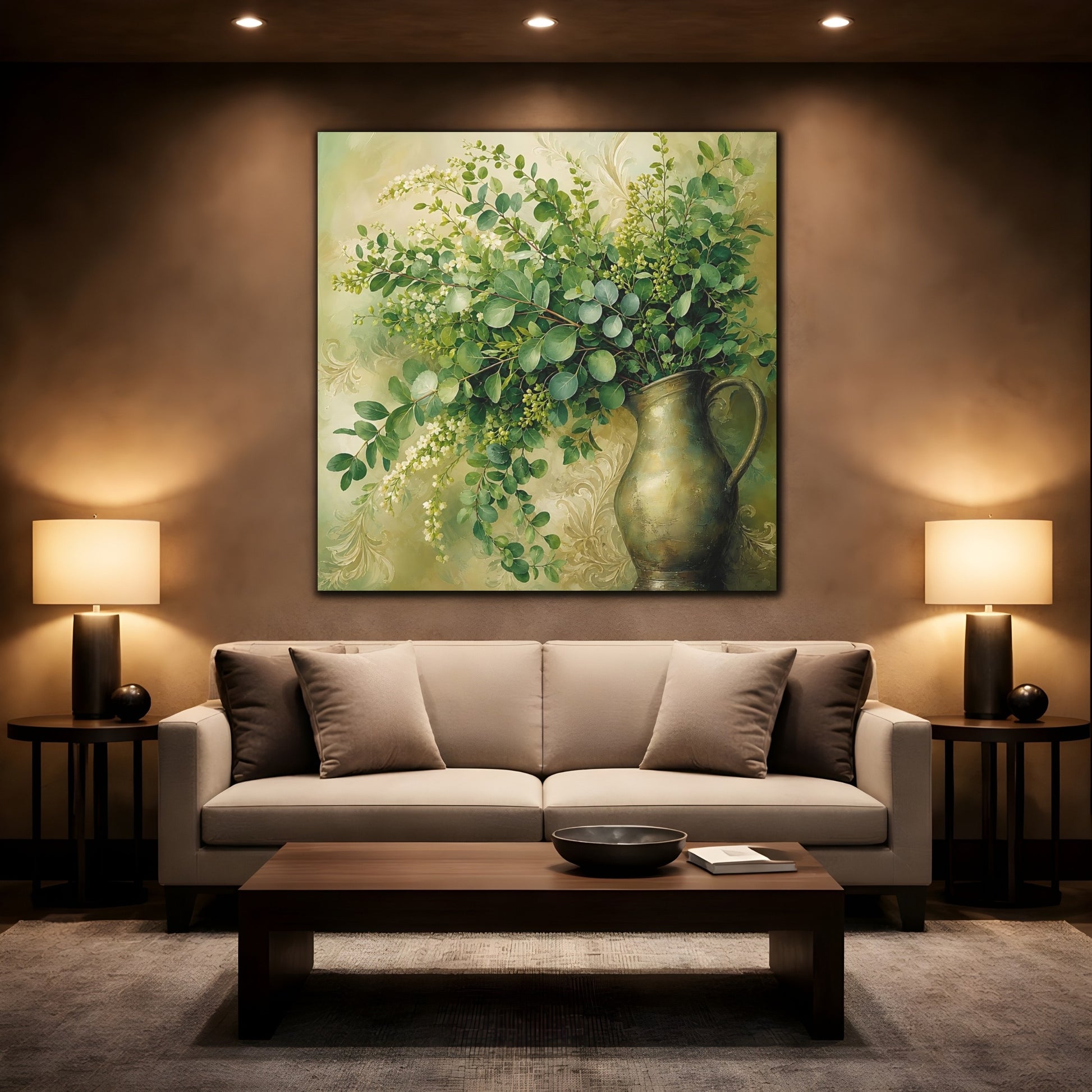Mockup 2. Heavy Structured Texture Green Foliage In Rustic Pitcher shown as stretched canvas wall art