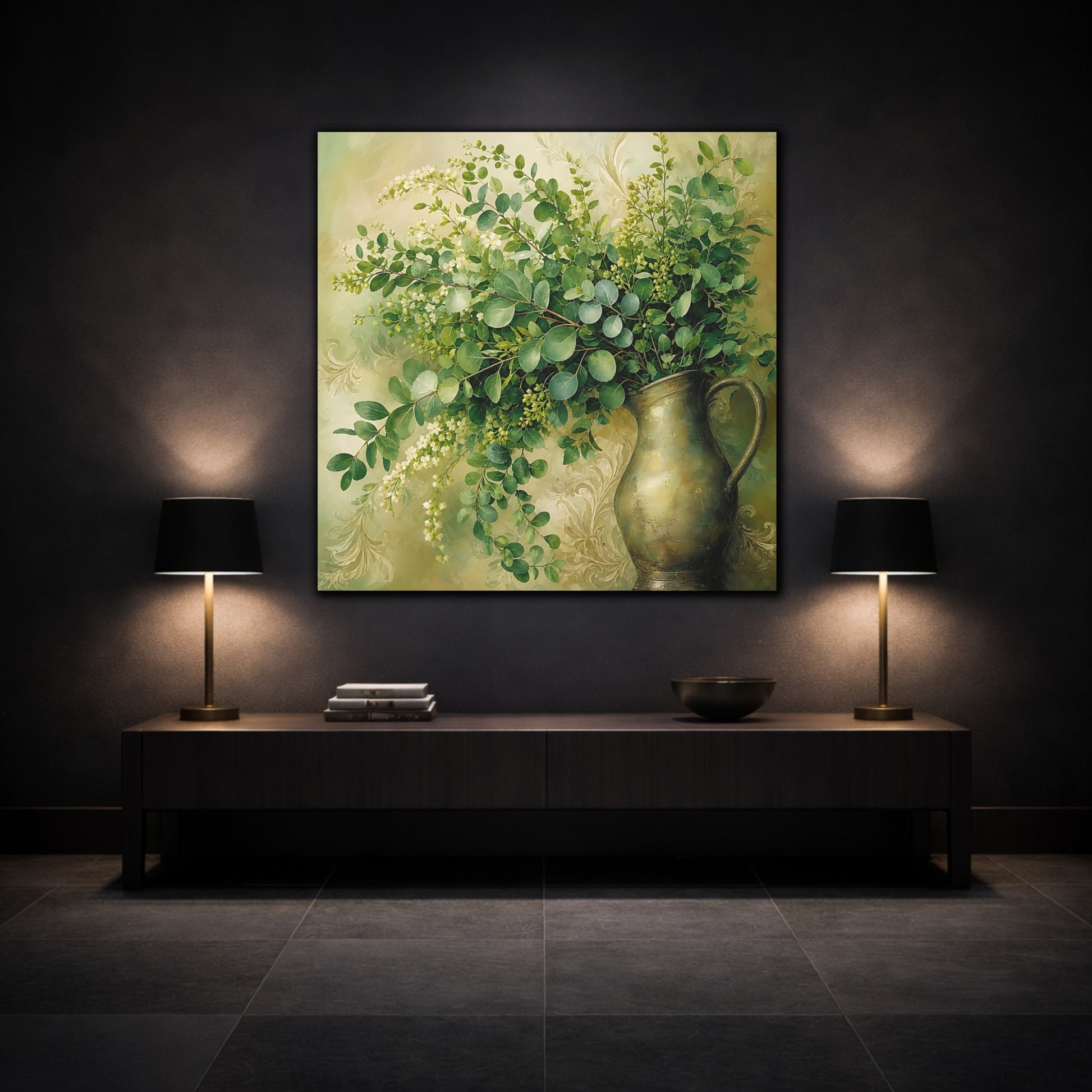 Mockup 3. Heavy Structured Texture Green Foliage In Rustic Pitcher shown as stretched canvas wall art