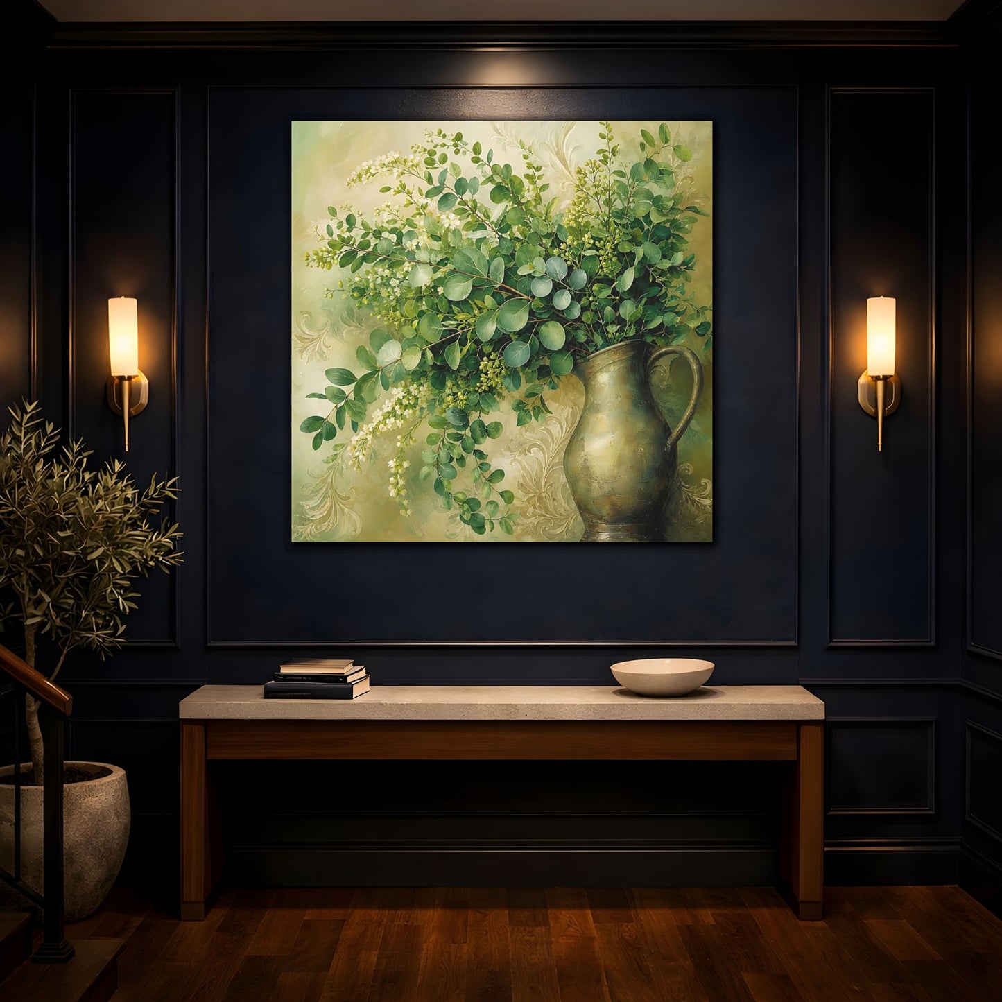 Mockup 4. Heavy Structured Texture Green Foliage In Rustic Pitcher shown as stretched canvas wall art