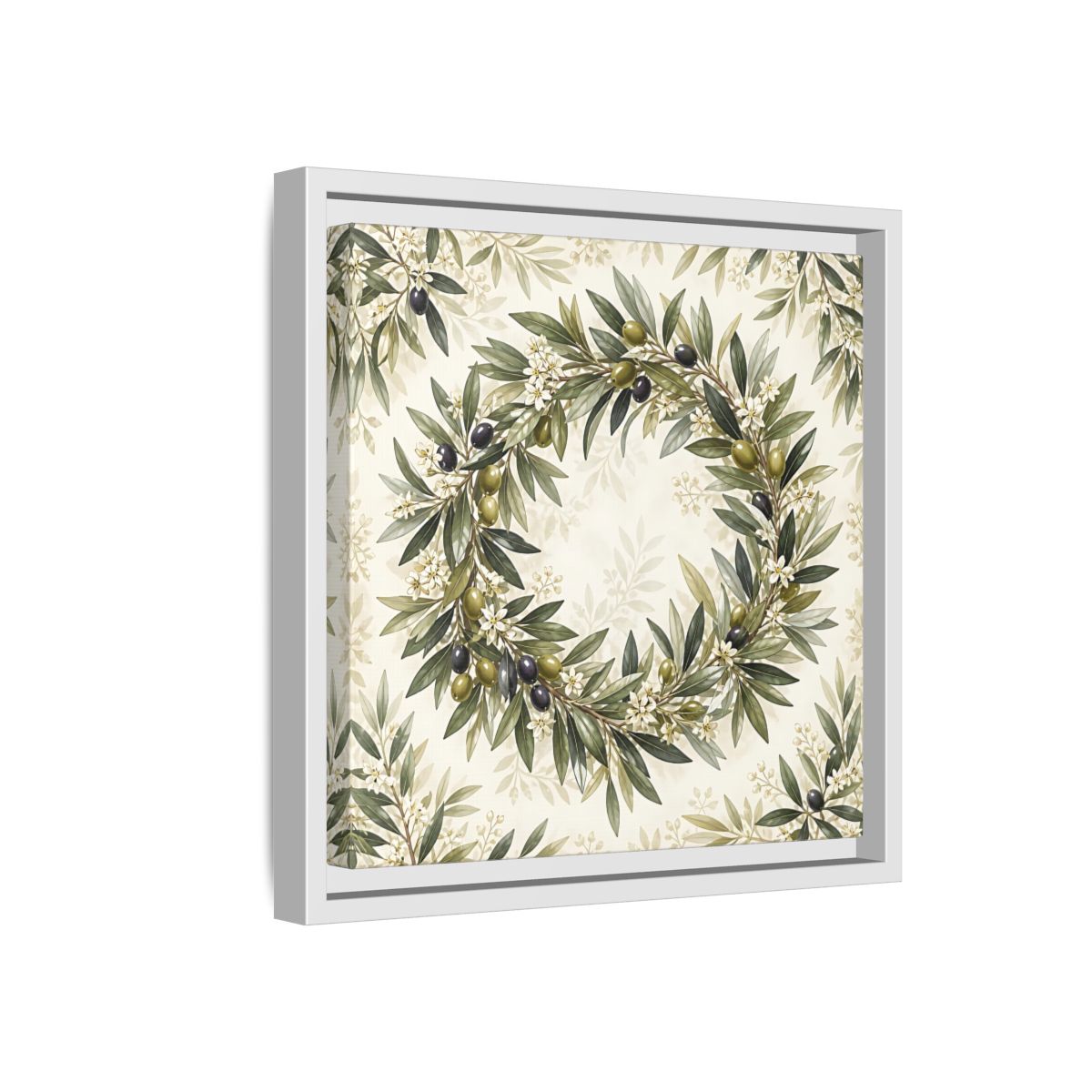 Side Mockup 16. Heavy Structured Texture Olive Leaves With Tiny White Flowers shown as stretched canvas wall art