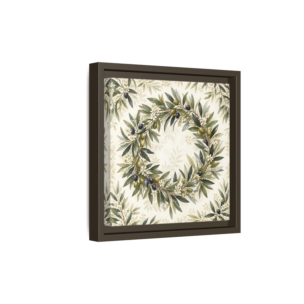 Side Mockup 20. Heavy Structured Texture Olive Leaves With Tiny White Flowers shown as stretched canvas wall art