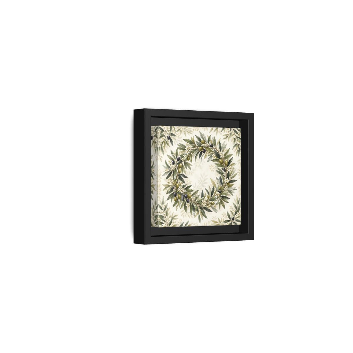 Side Mockup 24. Heavy Structured Texture Olive Leaves With Tiny White Flowers shown as stretched canvas wall art