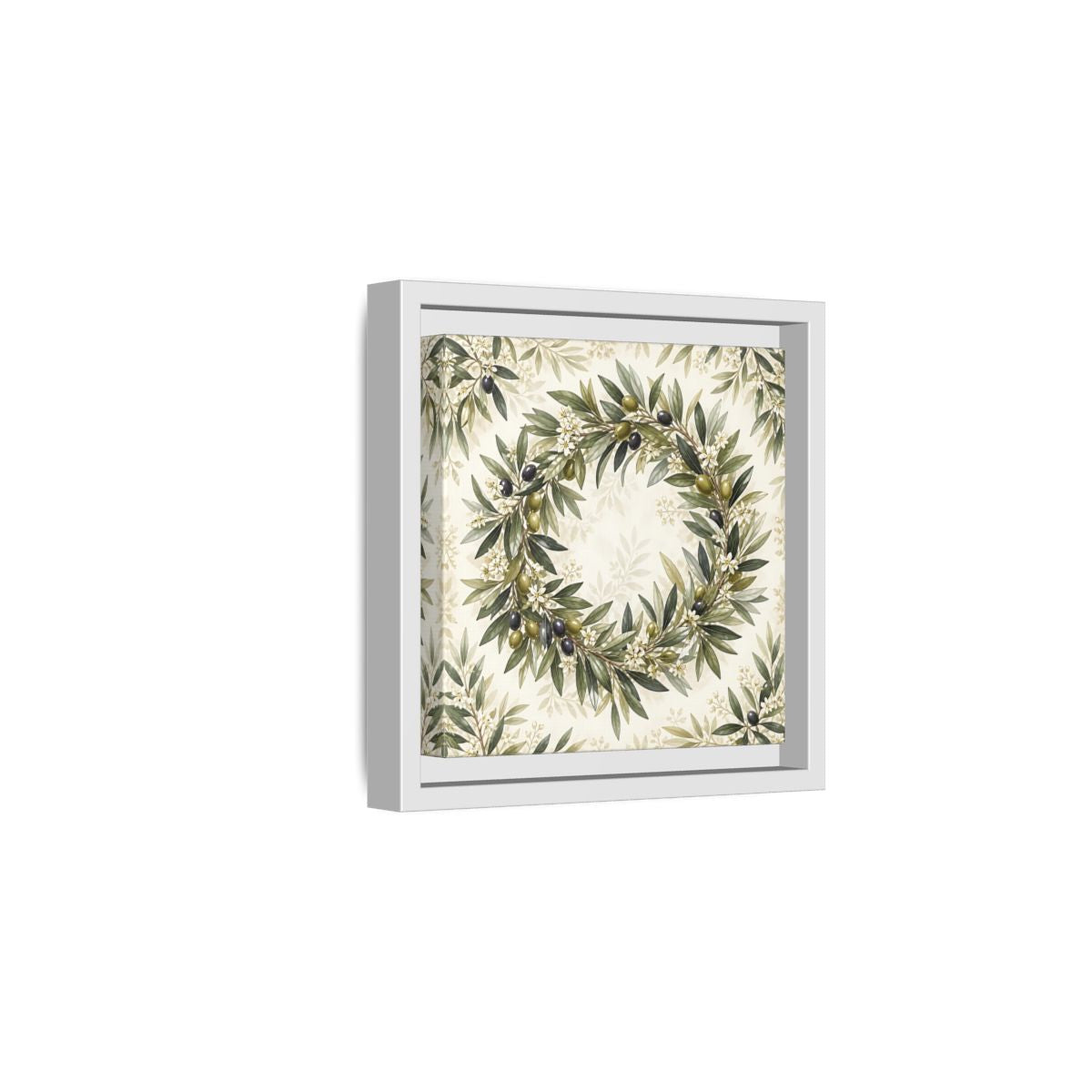 Side Mockup 1. Heavy Structured Texture Olive Leaves With Tiny White Flowers shown as stretched canvas wall art